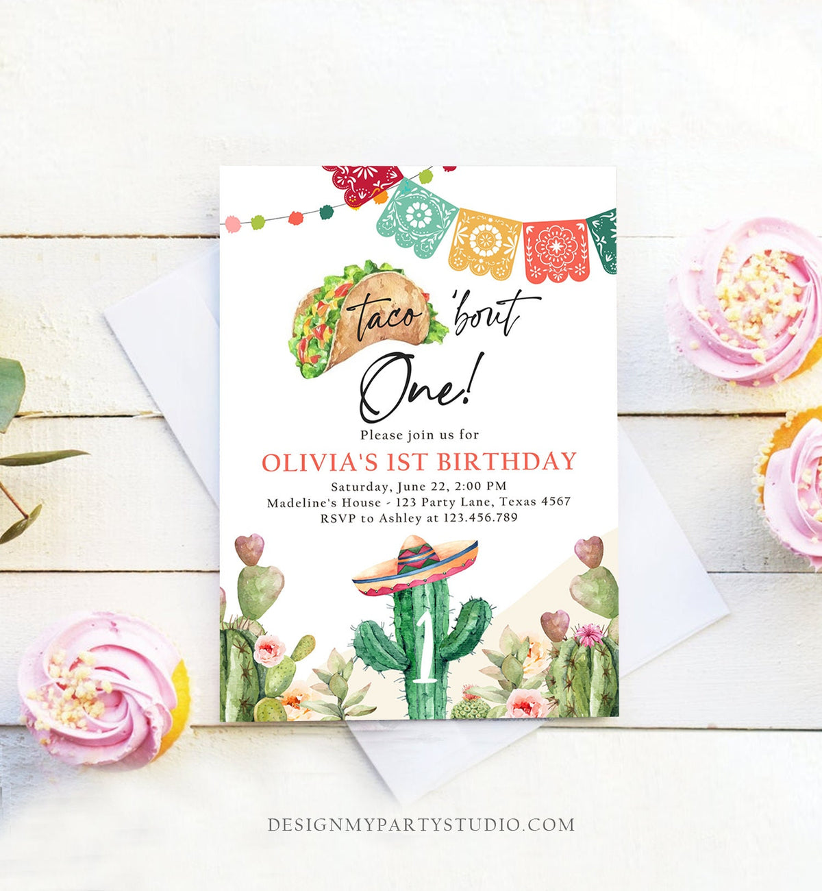 Editable Fiesta Invitation First Fiesta Birthday Mexican Cactus Taco Bout One Girl Watercolor Digital Download Evite Template Printable 0404