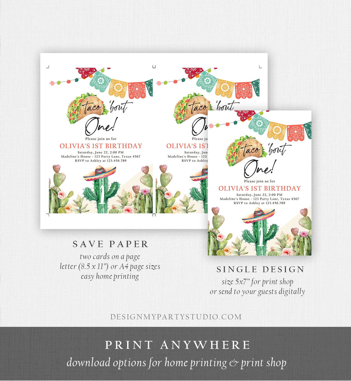 Editable Fiesta Invitation First Fiesta Birthday Mexican Cactus Taco Bout One Girl Watercolor Digital Download Evite Template Printable 0404