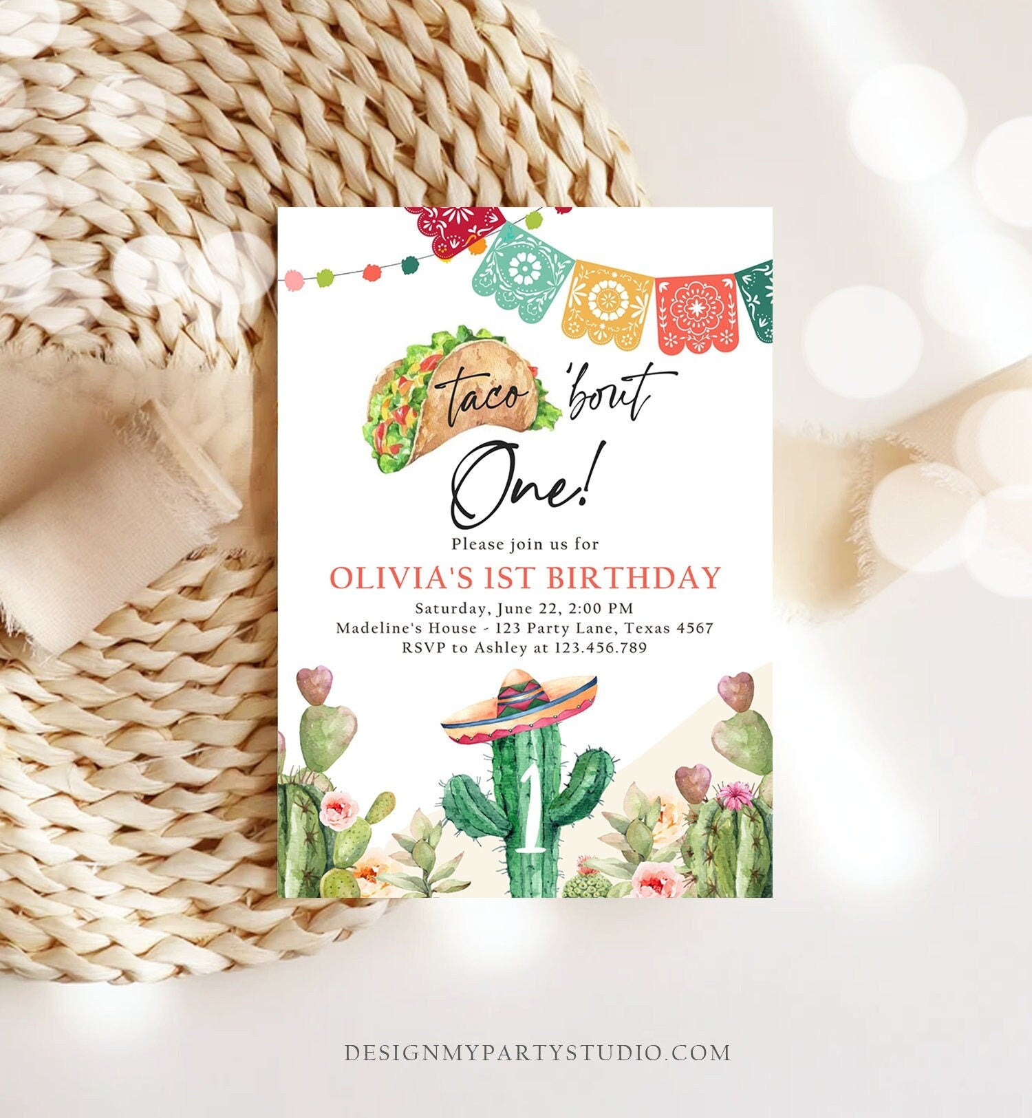 Editable Fiesta Invitation First Fiesta Birthday Mexican Cactus Taco Bout One Girl Watercolor Digital Download Evite Template Printable 0404