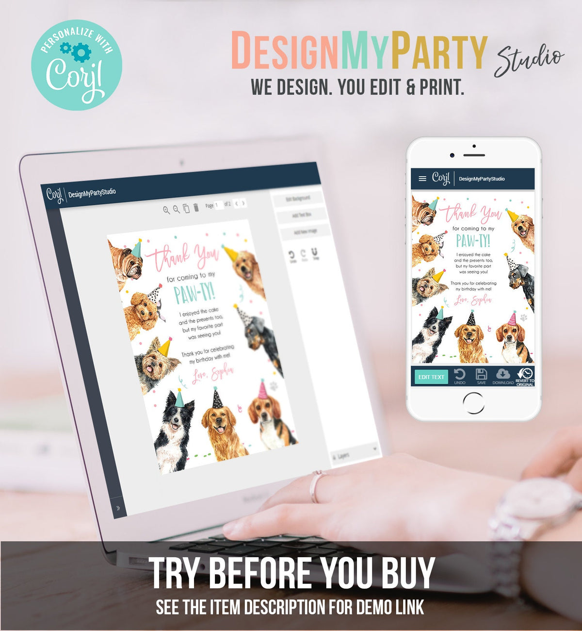 Editable Dog Birthday Thank You Card Puppy Birthday Invite Pink Girl Pawty Birthday Animal Pet Vet Digital Download Template Printable 0384