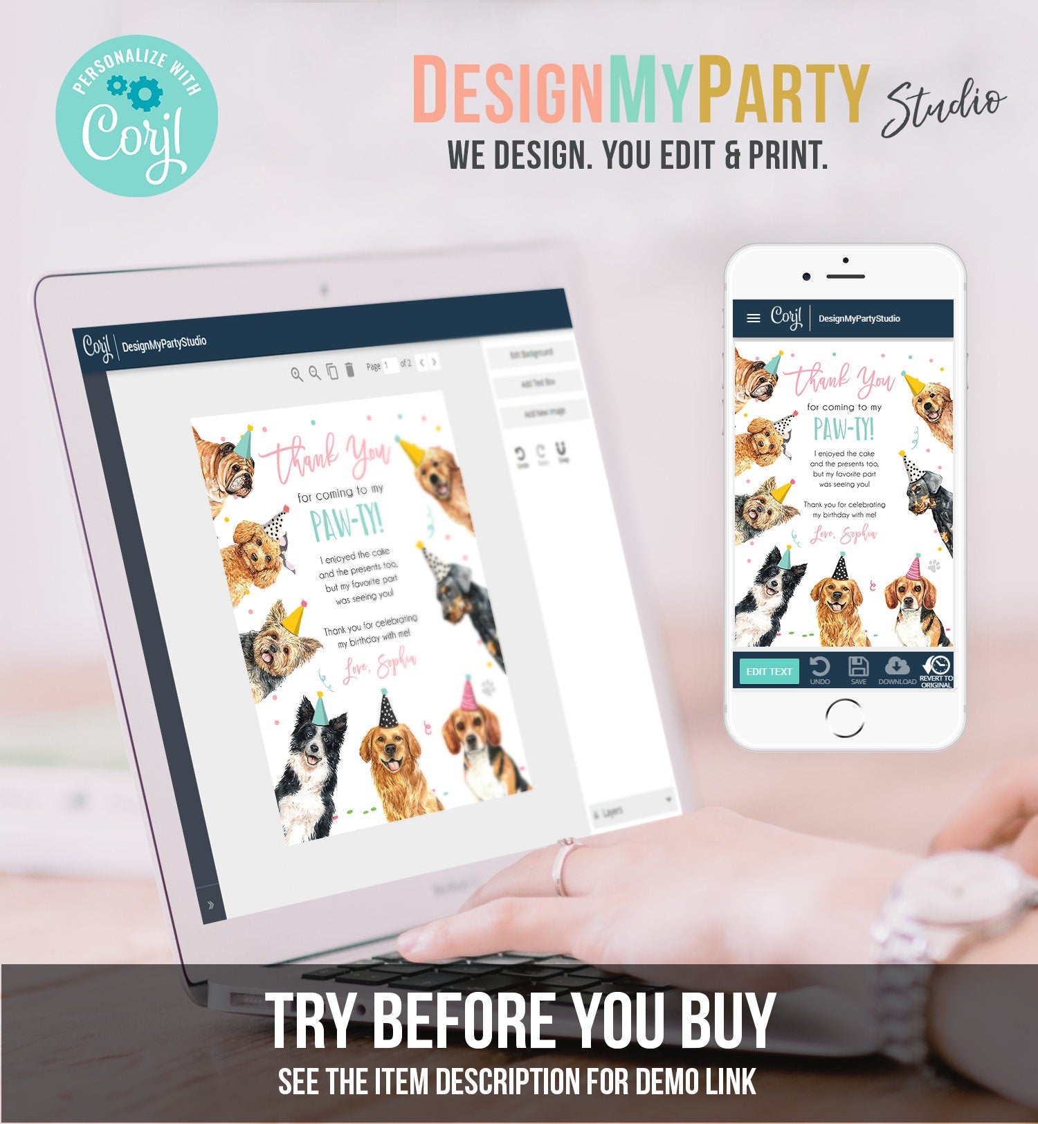 Editable Dog Birthday Thank You Card Puppy Birthday Invite Pink Girl Pawty Birthday Animal Pet Vet Digital Download Template Printable 0384