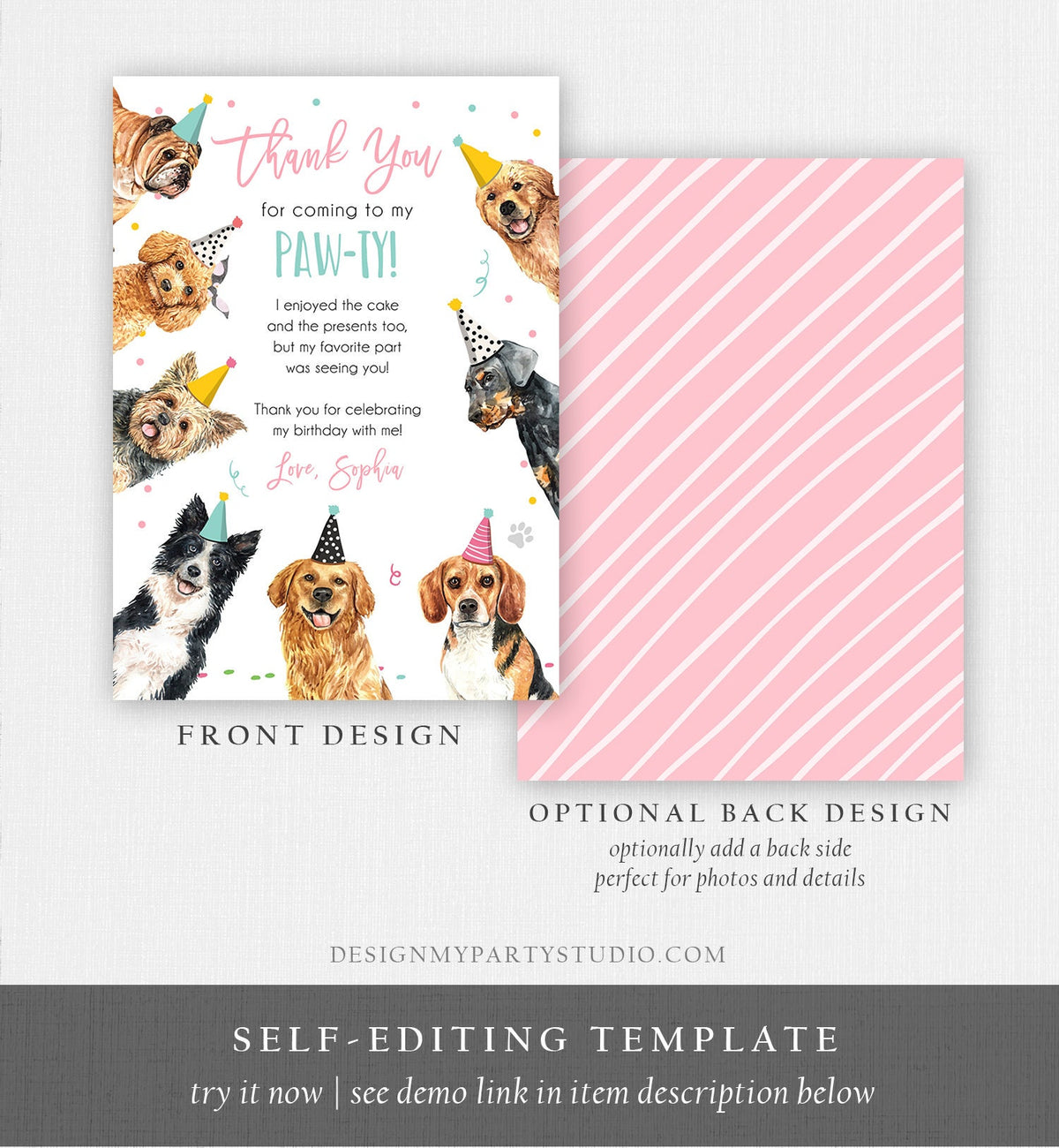 Editable Dog Birthday Thank You Card Puppy Birthday Invite Pink Girl Pawty Birthday Animal Pet Vet Digital Download Template Printable 0384