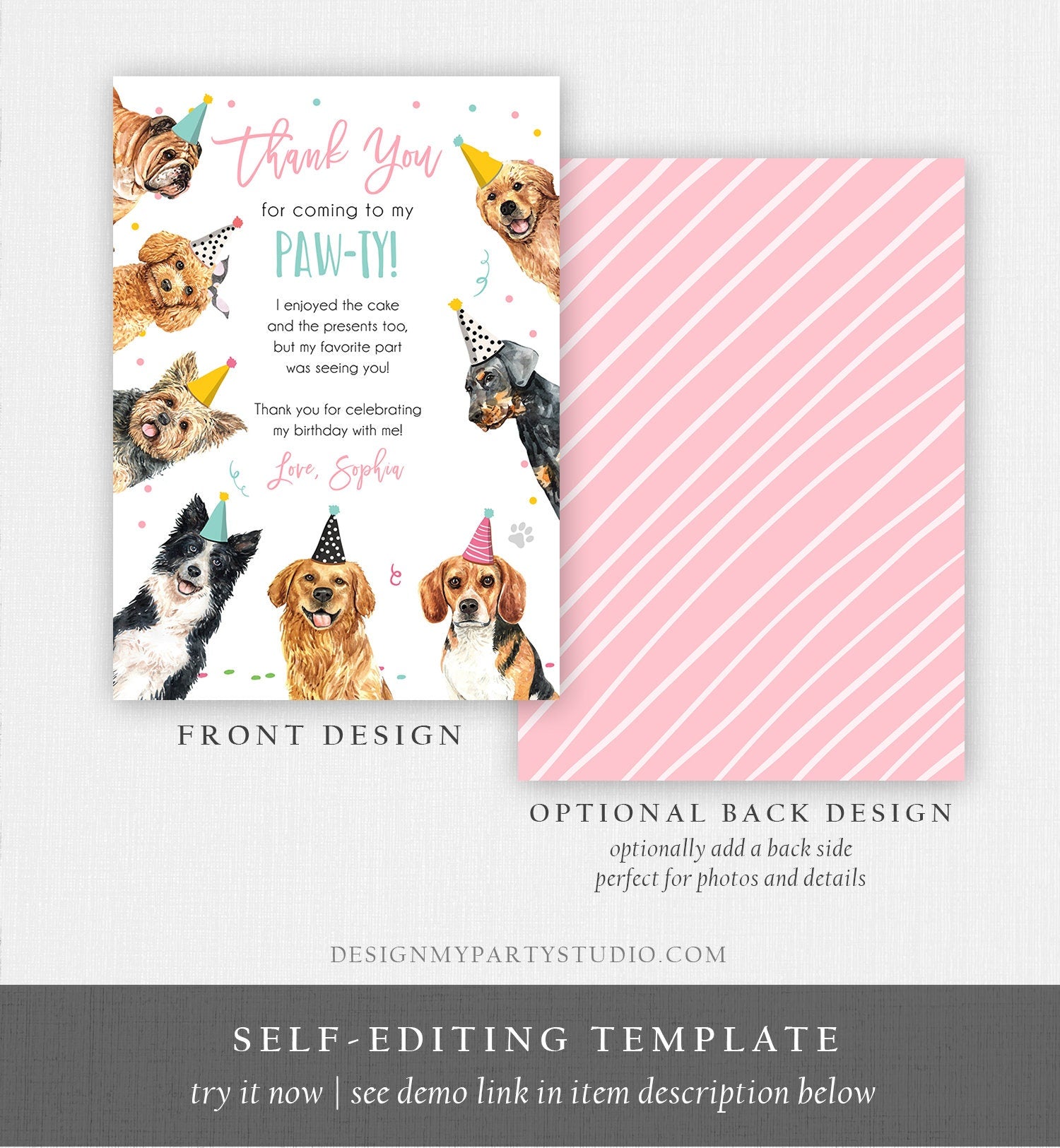 Editable Dog Birthday Thank You Card Puppy Birthday Invite Pink Girl Pawty Birthday Animal Pet Vet Digital Download Template Printable 0384