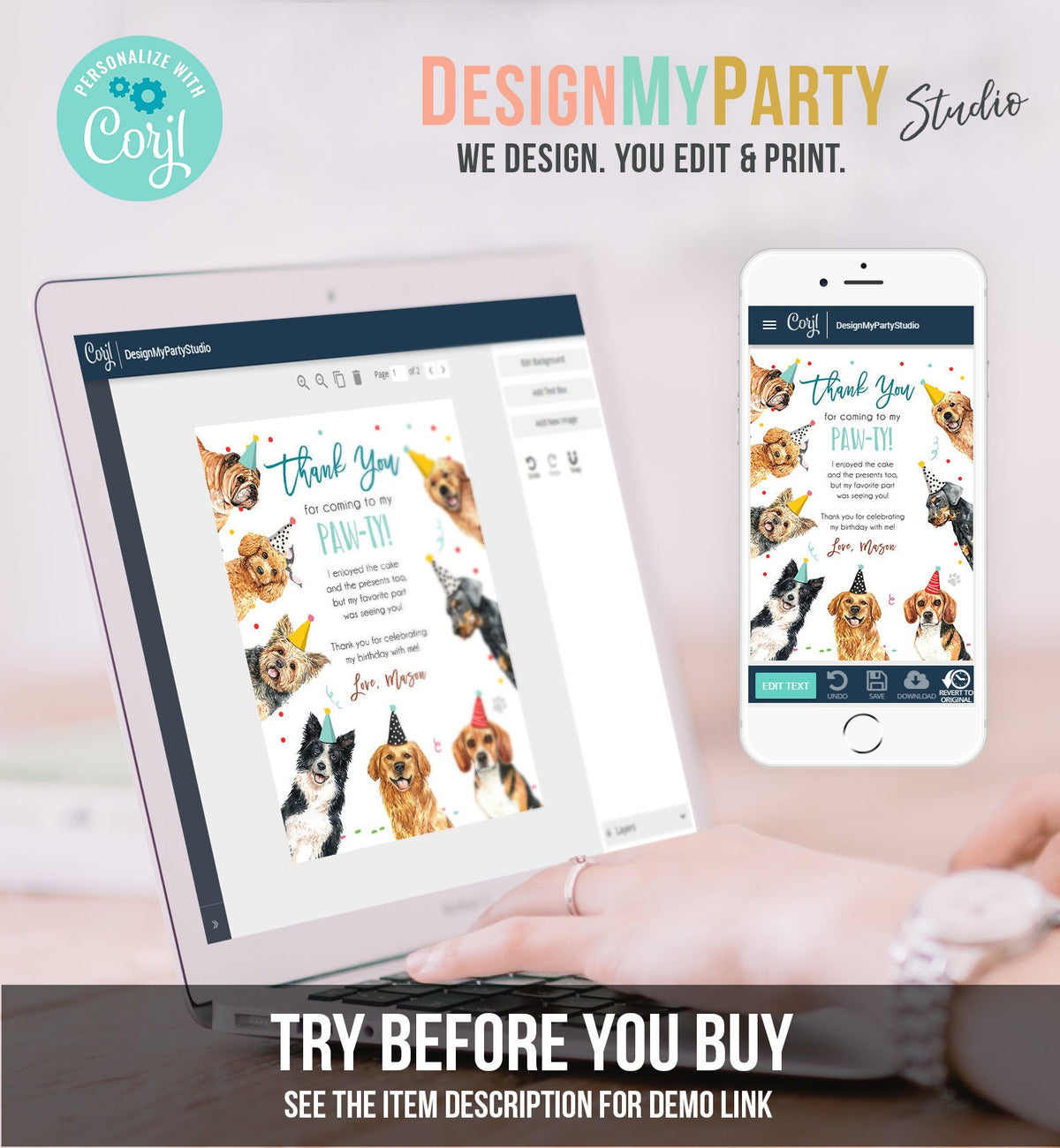 Editable Dog Birthday Thank You Card Puppy Birthday Boy Blue Pawty Birthday Animal Pet Vet Digital Download Template Printable 0384