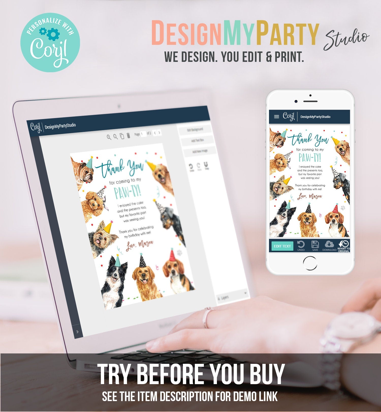 Editable Dog Birthday Thank You Card Puppy Birthday Boy Blue Pawty Birthday Animal Pet Vet Digital Download Template Printable 0384