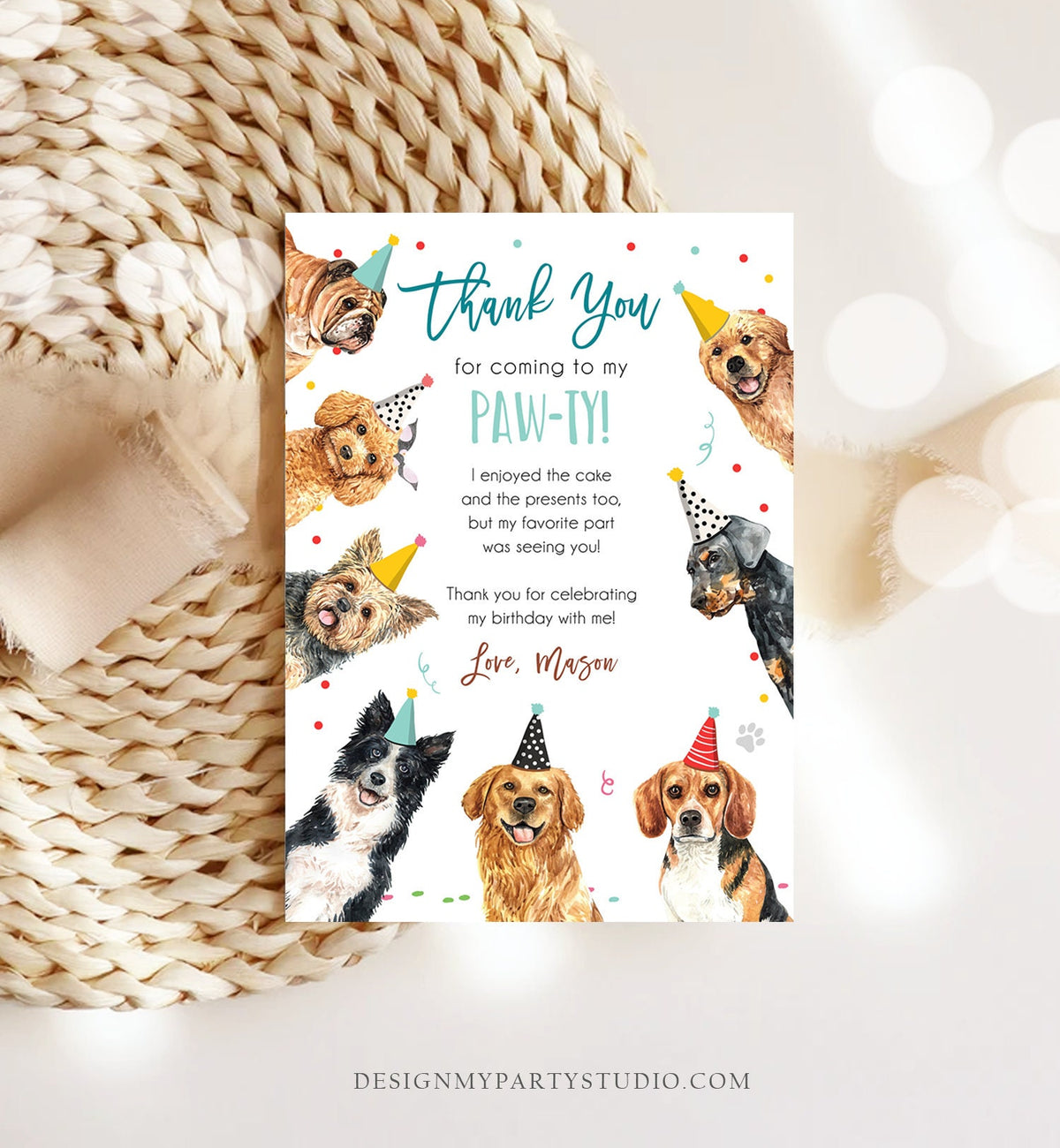 Editable Dog Birthday Thank You Card Puppy Birthday Boy Blue Pawty Birthday Animal Pet Vet Digital Download Template Printable 0384