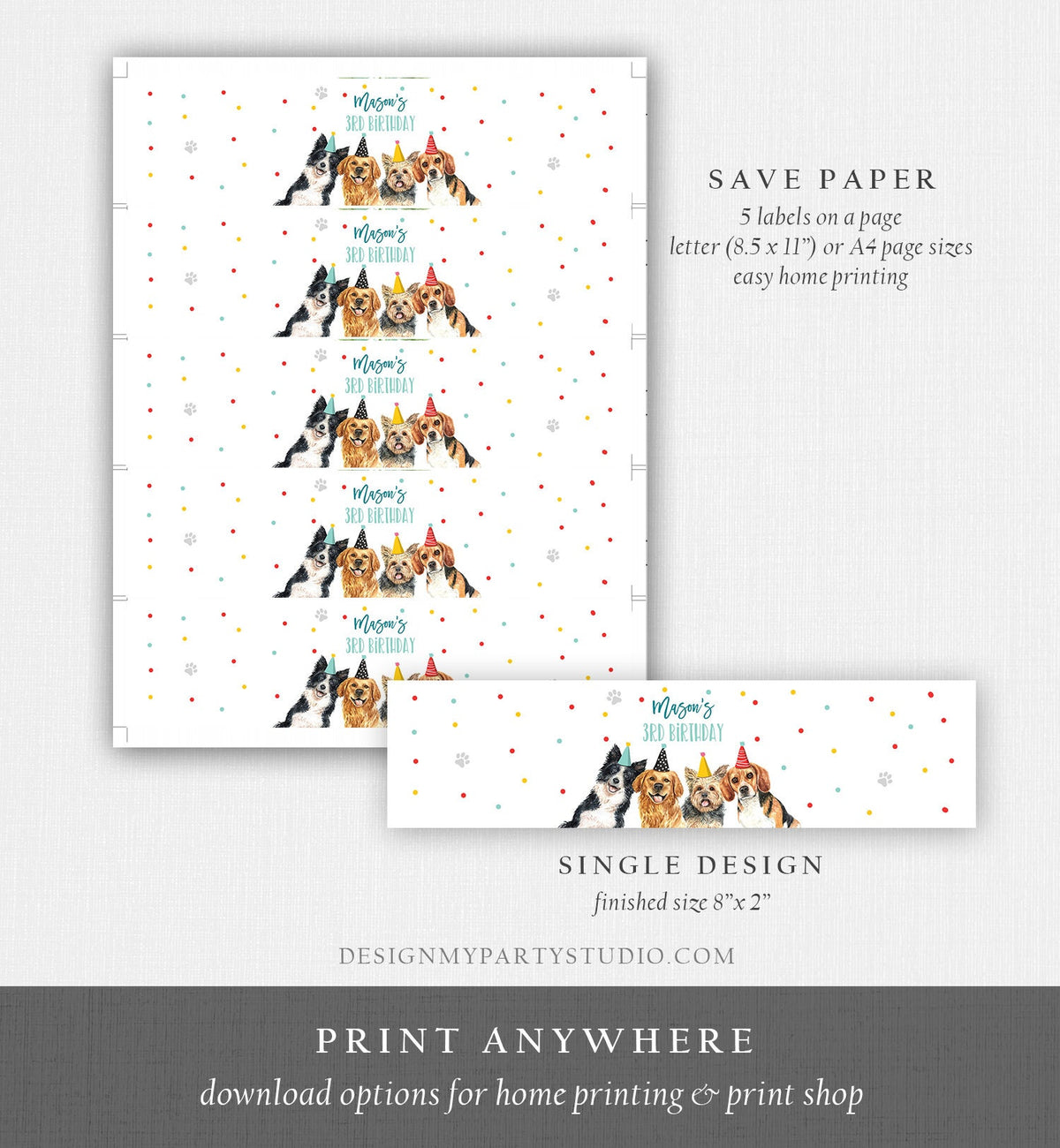 Editable Dog Water Bottle Labels Dog Birthday Puppy Party Doggy Pet Vet Pawty Birthday Decor Boy Printable Bottle Wrap Template Corjl 0384