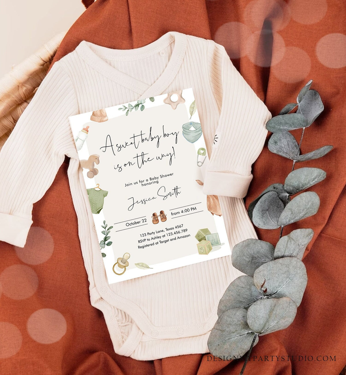 Editable Boy Baby Shower Invitation Boho Baby Shower Invitation Coed Shower Baby Clothes Rustic Download Printable Template Corjl 0470