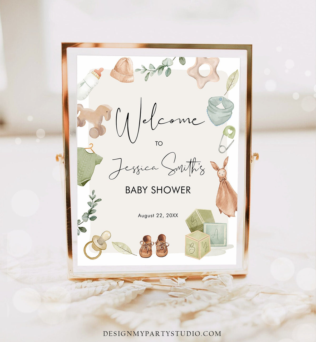 Editable Boho Baby Shower Welcome Sign Boy Baby Shower Neutral Baby Clothes Rustic Greenery Sage Green Instant Template PRINTABLE Corjl 0470