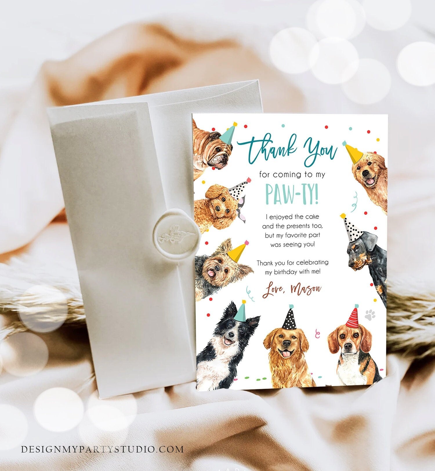 Editable Dog Birthday Thank You Card Puppy Birthday Boy Blue Pawty Birthday Animal Pet Vet Digital Download Template Printable 0384