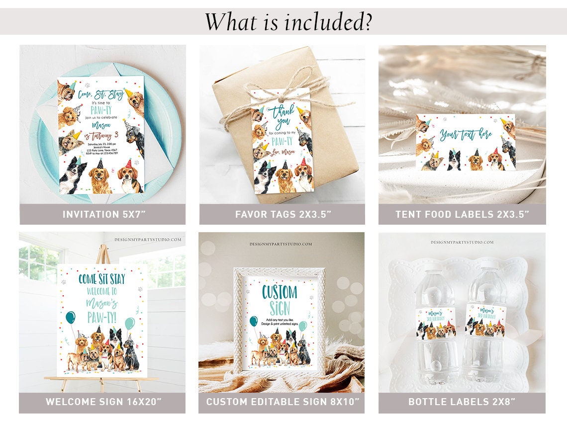 Dog Birthday Invitation Bundle Dogs Puppy Party Invite Birthday Come Sit Stay Boy 1st Birthday Digital Download Template Printable 0384