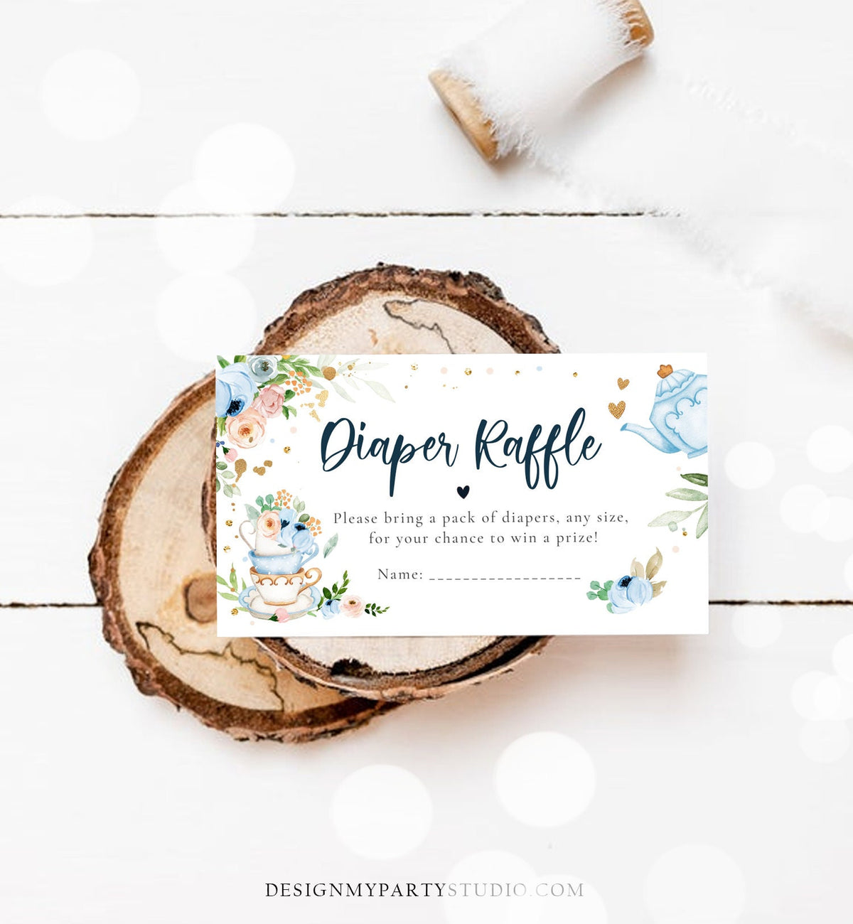 Editable Diaper Raffle Ticket Diaper Game Card Baby is Brewing Baby shower Tea Floral Brunch Blue Boy Download Template Corjl PRINTABLE 0349