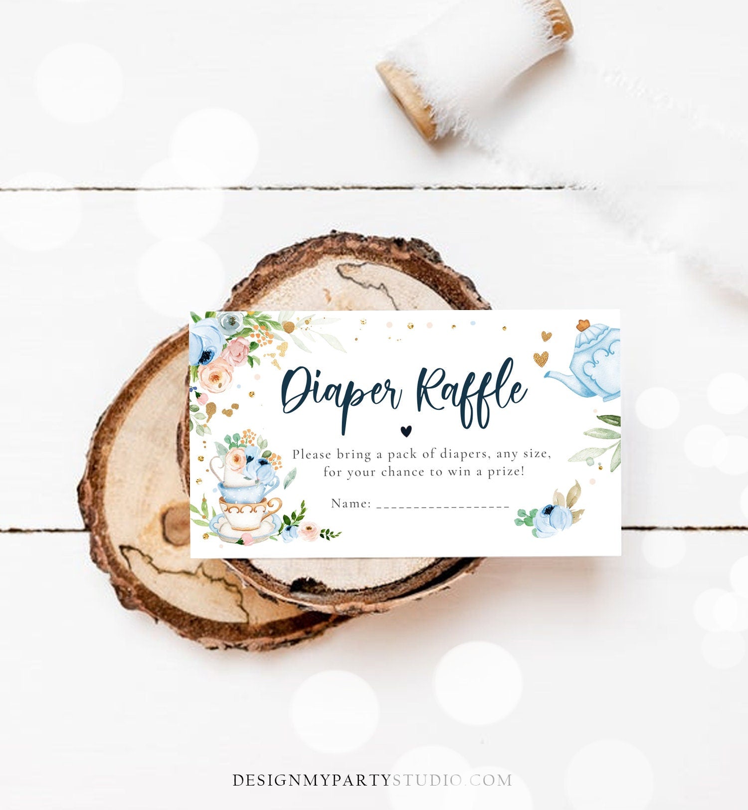 Editable Diaper Raffle Ticket Diaper Game Card Baby is Brewing Baby shower Tea Floral Brunch Blue Boy Download Template Corjl PRINTABLE 0349