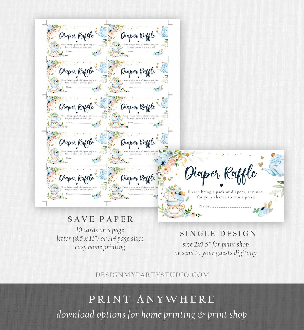 Editable Diaper Raffle Ticket Diaper Game Card Baby is Brewing Baby shower Tea Floral Brunch Blue Boy Download Template Corjl PRINTABLE 0349