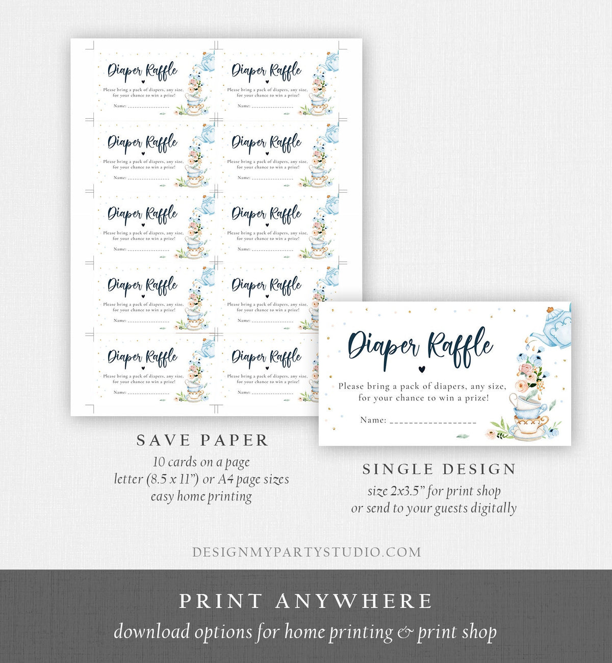 Editable Diaper Raffle Ticket Diaper Game Card Baby is Brewing Baby shower Tea Floral Brunch Blue Boy Digital Template Printable 0349