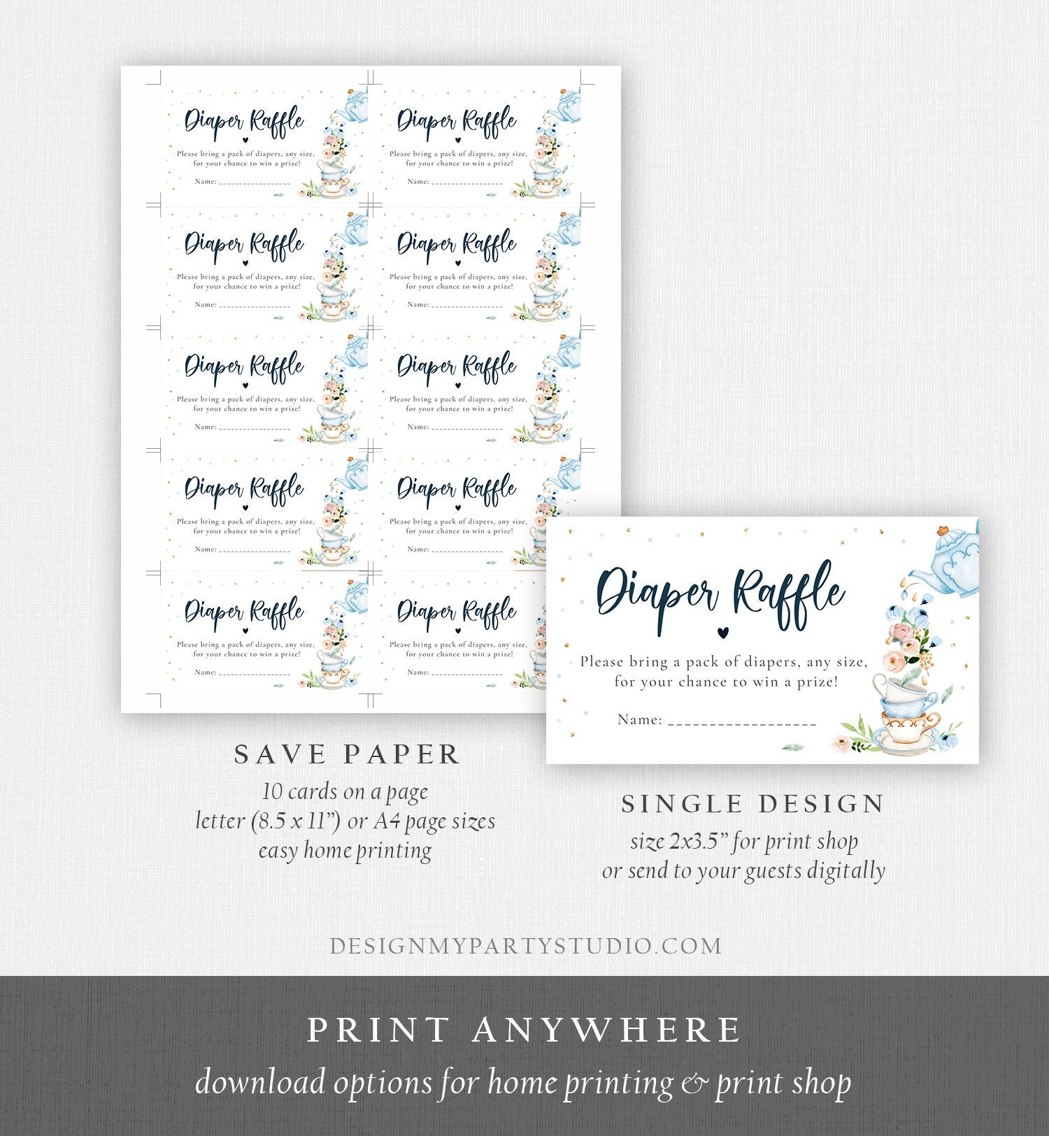 Editable Diaper Raffle Ticket Diaper Game Card Baby is Brewing Baby shower Tea Floral Brunch Blue Boy Digital Template Printable 0349