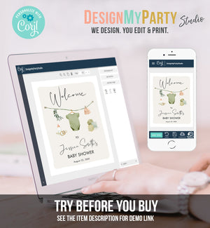 Editable Boho Baby Shower Welcome Sign Boy Baby Shower Neutral Baby Clothes Rustic Greenery Sage Green Instant Template PRINTABLE Corjl 0470