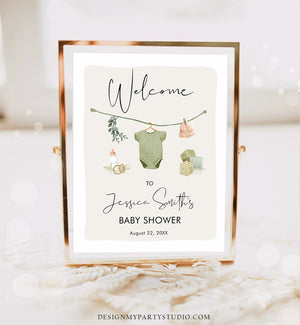 Editable Boho Baby Shower Welcome Sign Boy Baby Shower Neutral Baby Clothes Rustic Greenery Sage Green Instant Template PRINTABLE Corjl 0470
