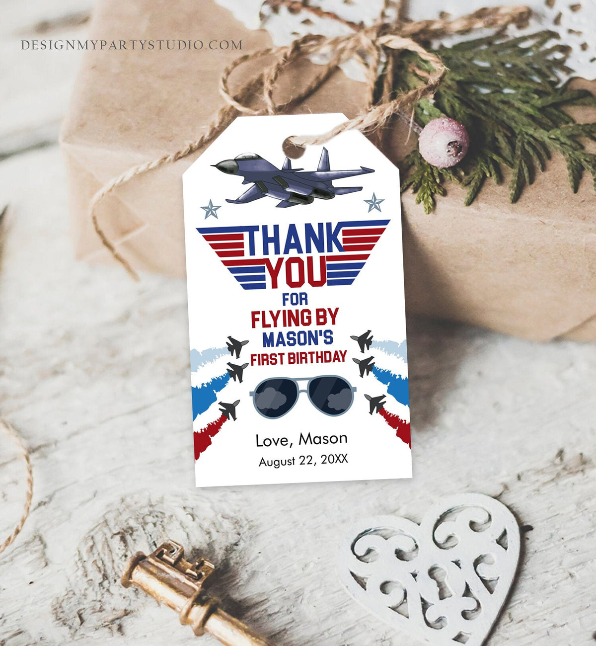 Editable Fighter Pilot Favor Tags Birthday Thank You Tag Fighter Jet Pilot 1st One Boy Military Jet Airplane Blue Boy Corjl Template 0469
