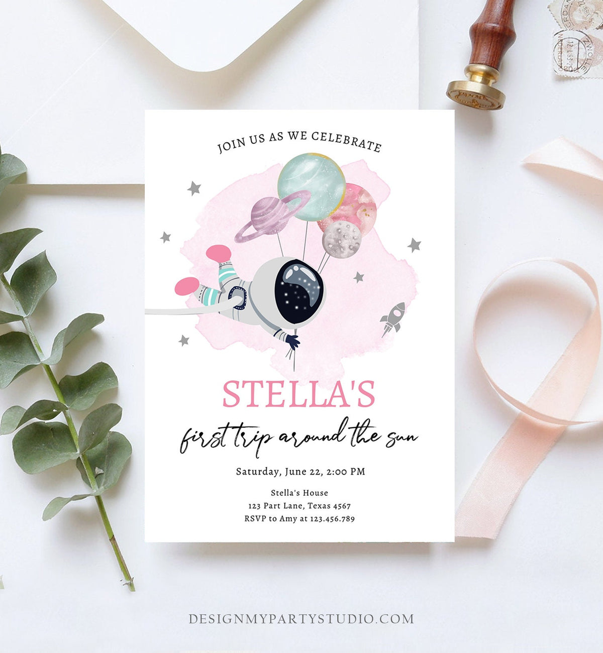 Editable Outer Space Birthday Invitation Girl Pink Galaxy Astronaut Trip Around the Sun Download Printable Template Digital Evite 0366