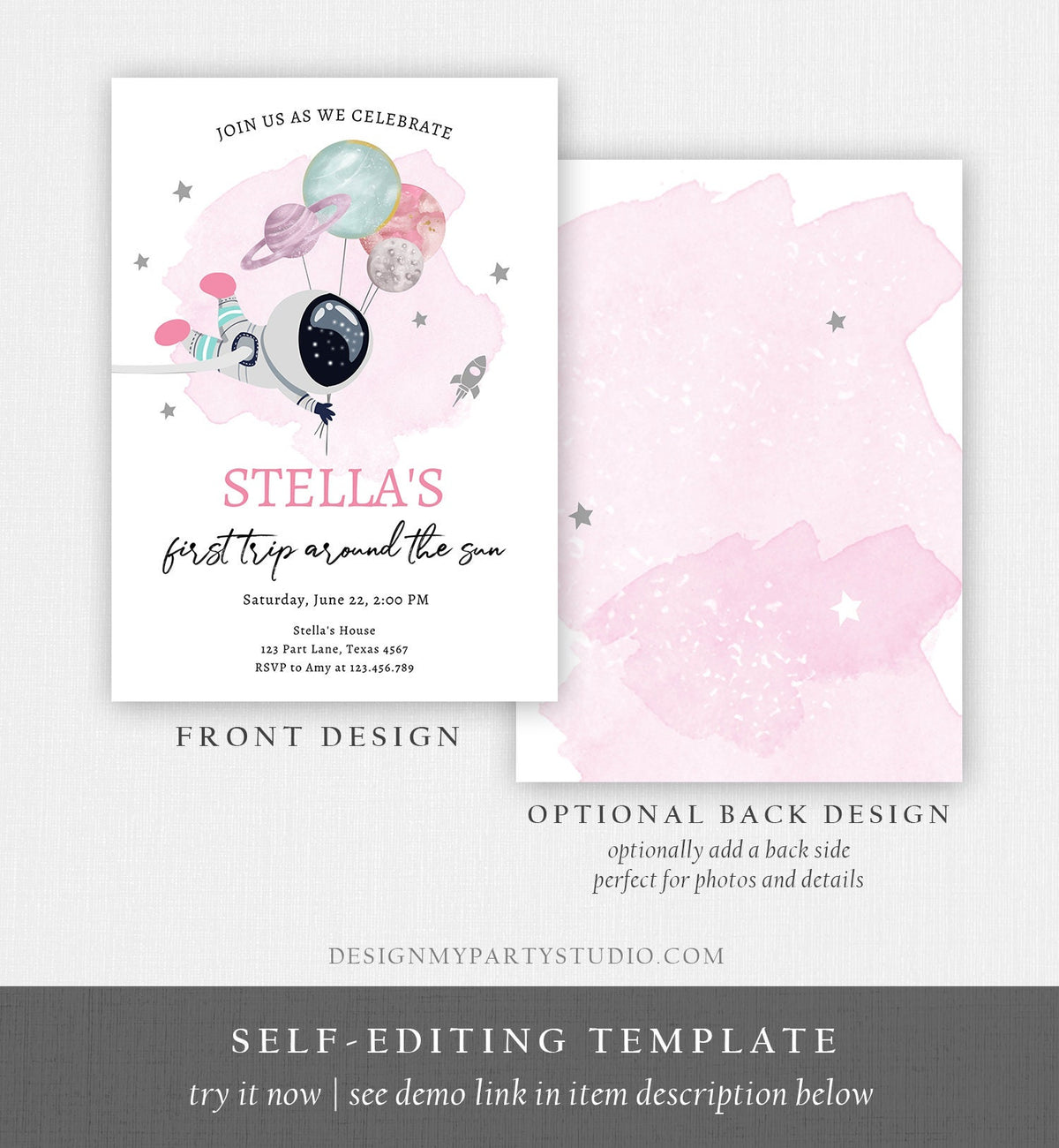 Editable Outer Space Birthday Invitation Girl Pink Galaxy Astronaut Trip Around the Sun Download Printable Template Digital Evite 0366