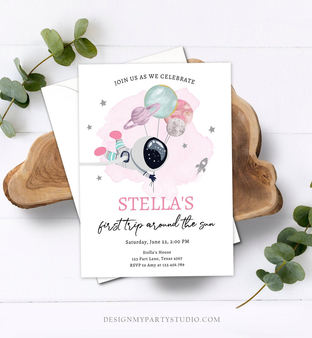 Editable Outer Space Birthday Invitation Girl Pink Galaxy Astronaut Trip Around the Sun Download Printable Template Digital Evite 0366