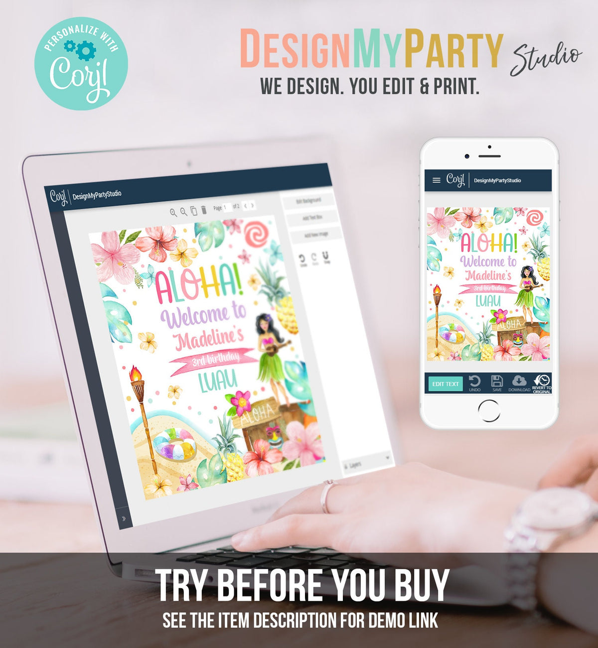 Editable Luau Birthday Welcome Sign Tropical Hawaiian Luau Birthday Sign Girl Pink Aloha Party Poster Digital Template Printable 0413