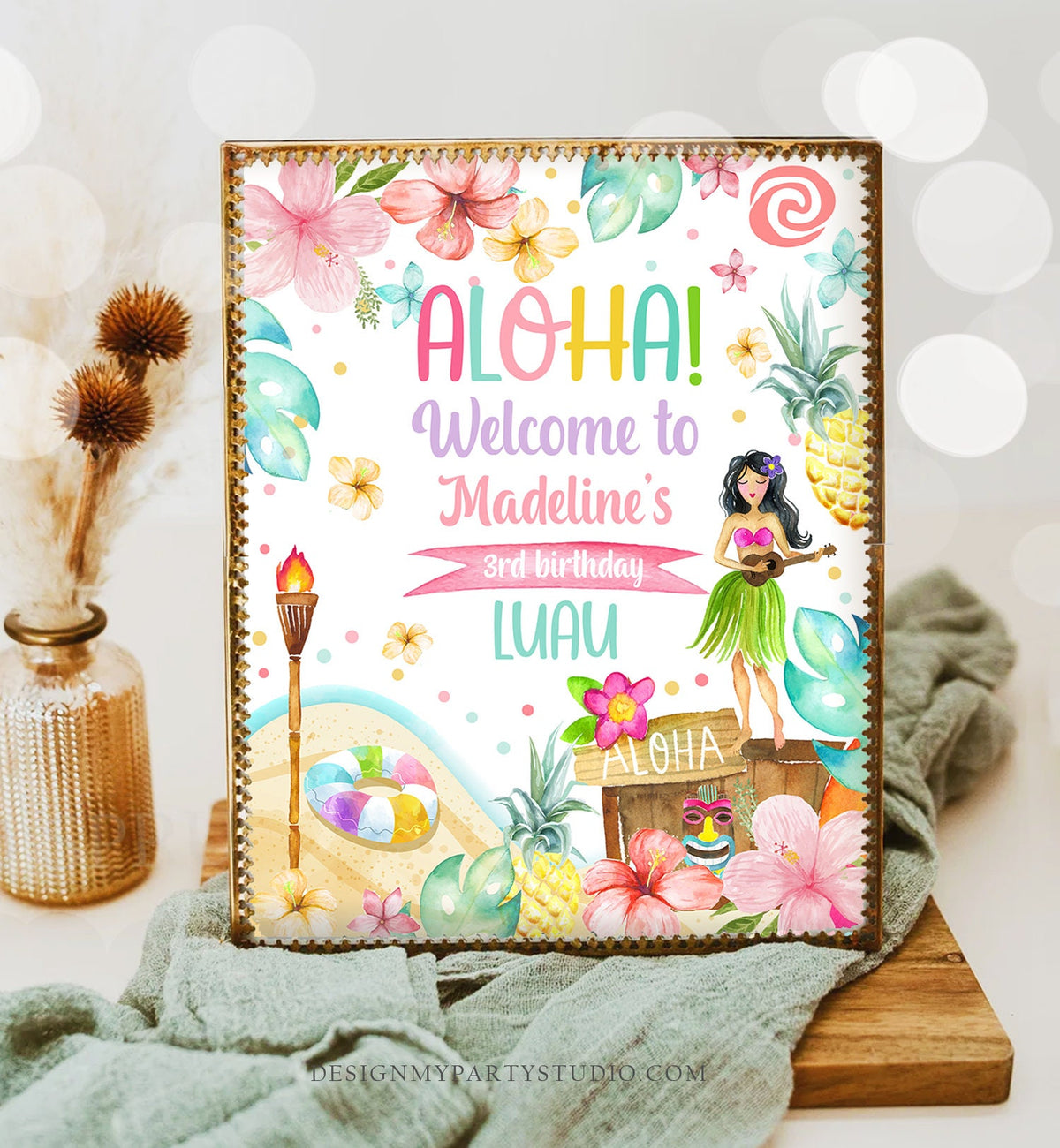 Editable Luau Birthday Welcome Sign Tropical Hawaiian Luau Birthday Sign Girl Pink Aloha Party Poster Digital Template Printable 0413