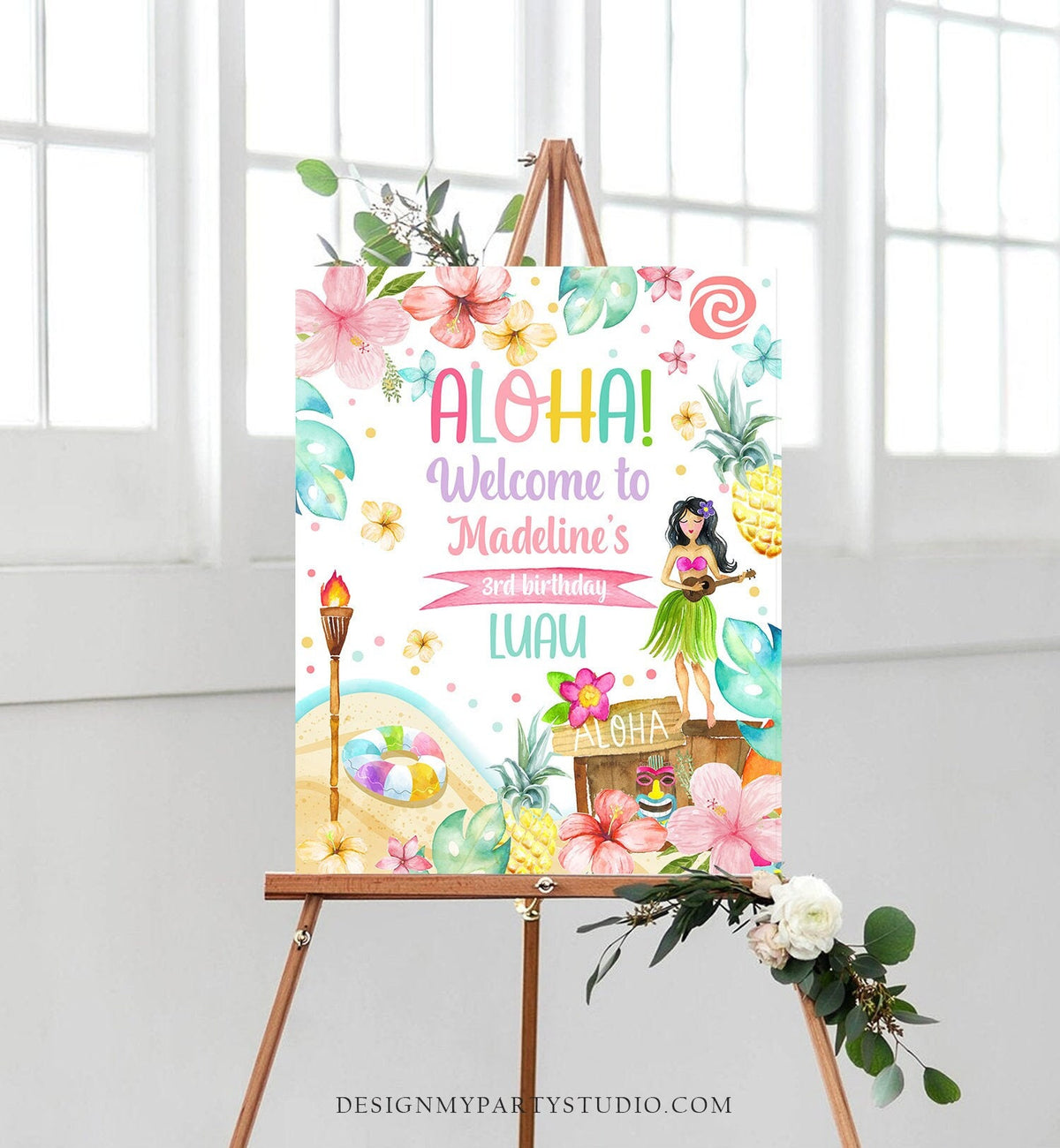 Editable Luau Birthday Welcome Sign Tropical Hawaiian Luau Birthday Sign Girl Pink Aloha Party Poster Digital Template Printable 0413