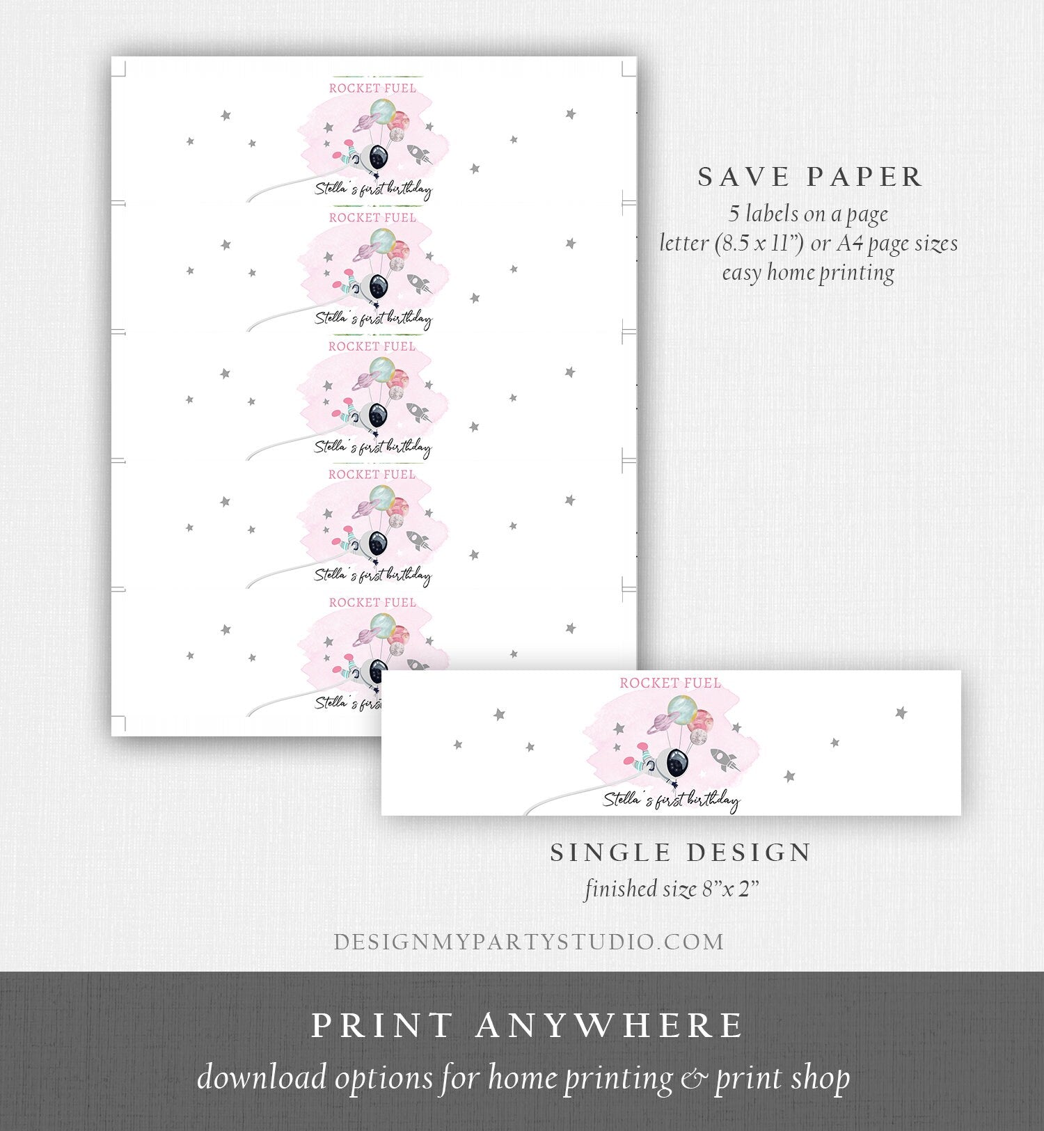 Editable Outer Space Water Bottle Labels Galaxy Party Decor Girl Space Birthday Rocket Fuel Labels Planets Digital Template Printable 0366