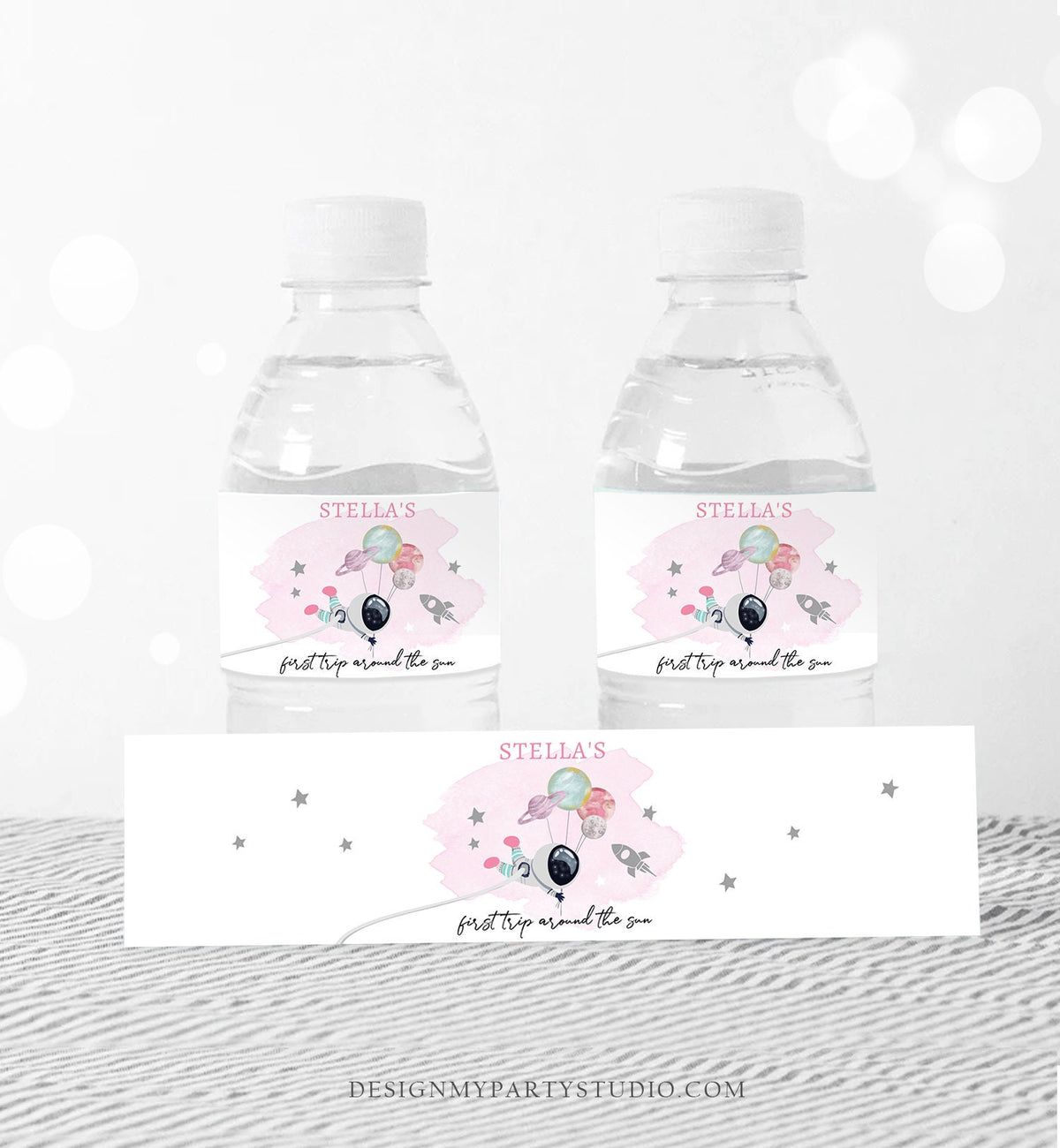 Editable Outer Space Water Bottle Label Galaxy Party Decor Girl Space 1st Birthday First Trip Around the Sun Digital Template Printable 0366