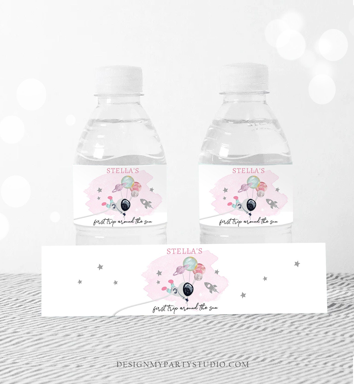 Editable Outer Space Water Bottle Label Galaxy Party Decor Girl Space 1st Birthday First Trip Around the Sun Digital Template Printable 0366