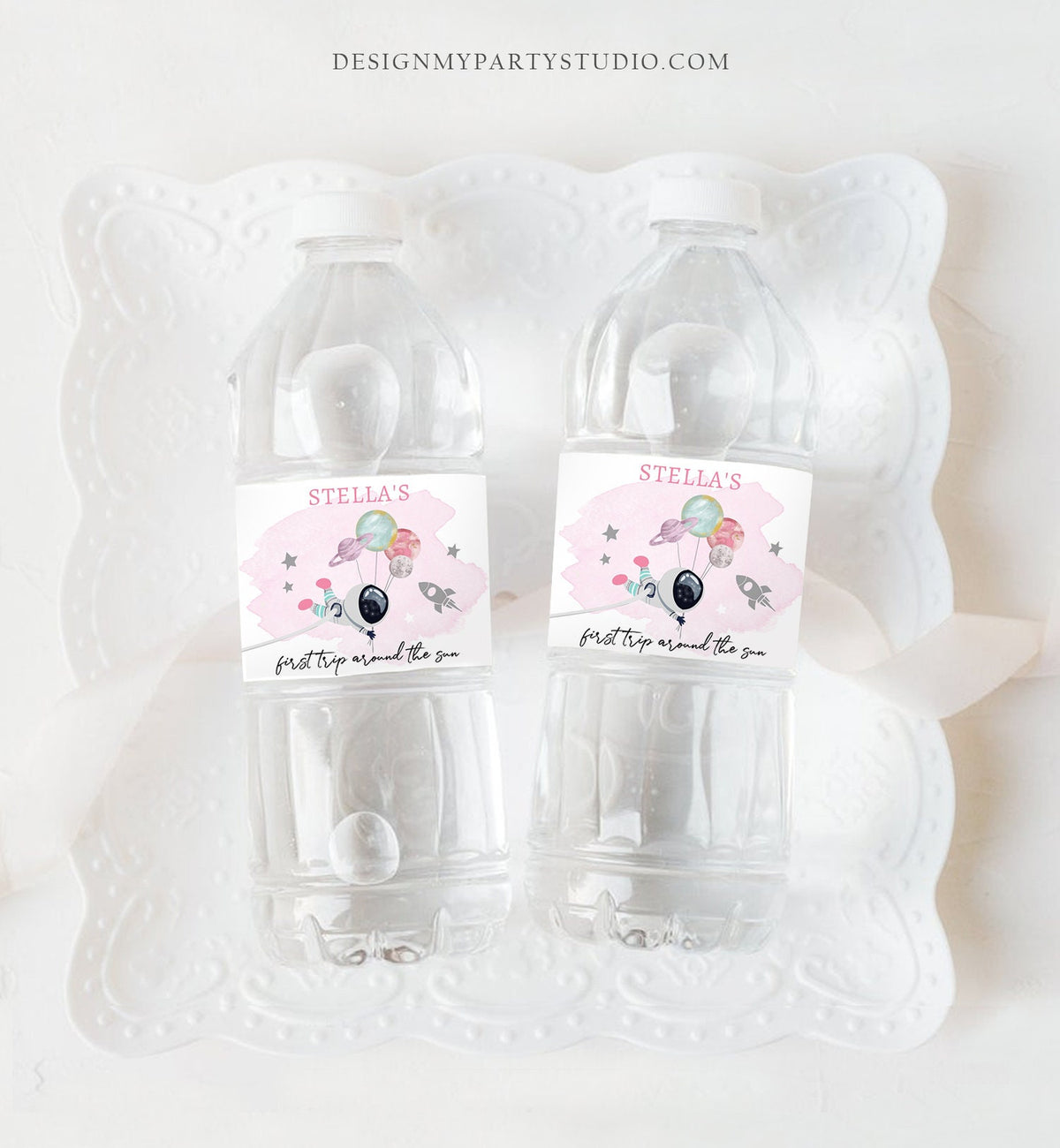 Editable Outer Space Water Bottle Label Galaxy Party Decor Girl Space 1st Birthday First Trip Around the Sun Digital Template Printable 0366