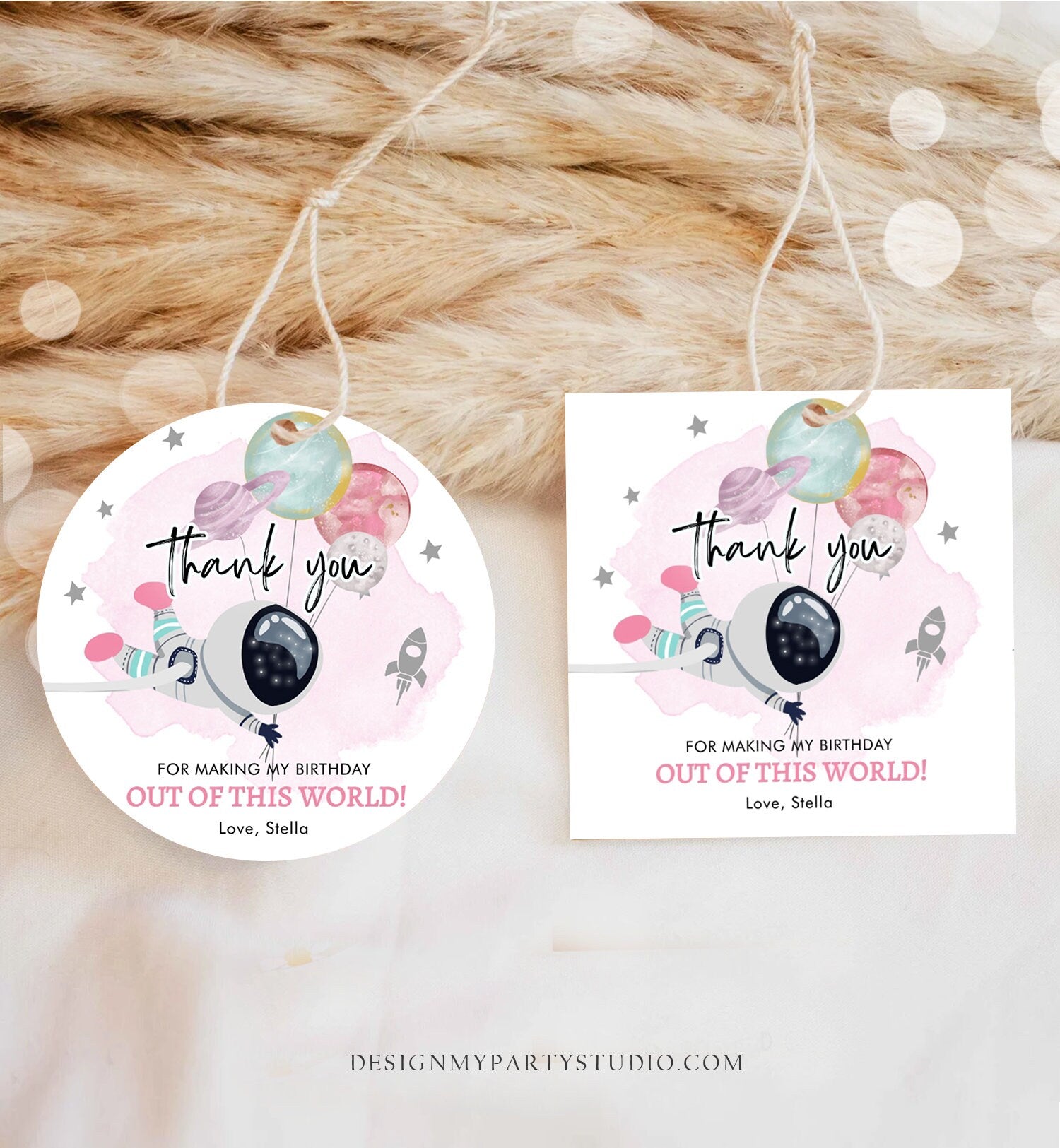 Editable Outer Space Favor Tags Astronaut Birthday Thank You Sticker Girl Space Pink Trip Out Of World Planets Template Corjl PRINTABLE 0366