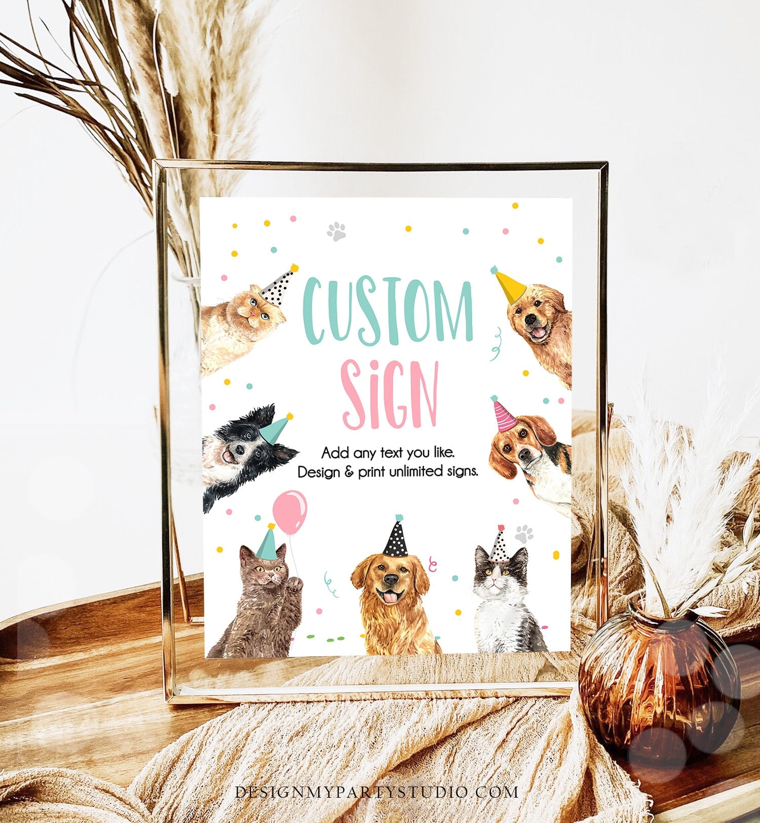 Editable Custom Sign Dogs and Cats Birthday Kitten Birthday Party Sign Girl Pawty Decor Table Sign Decoration 8x10 Download Printable 0384
