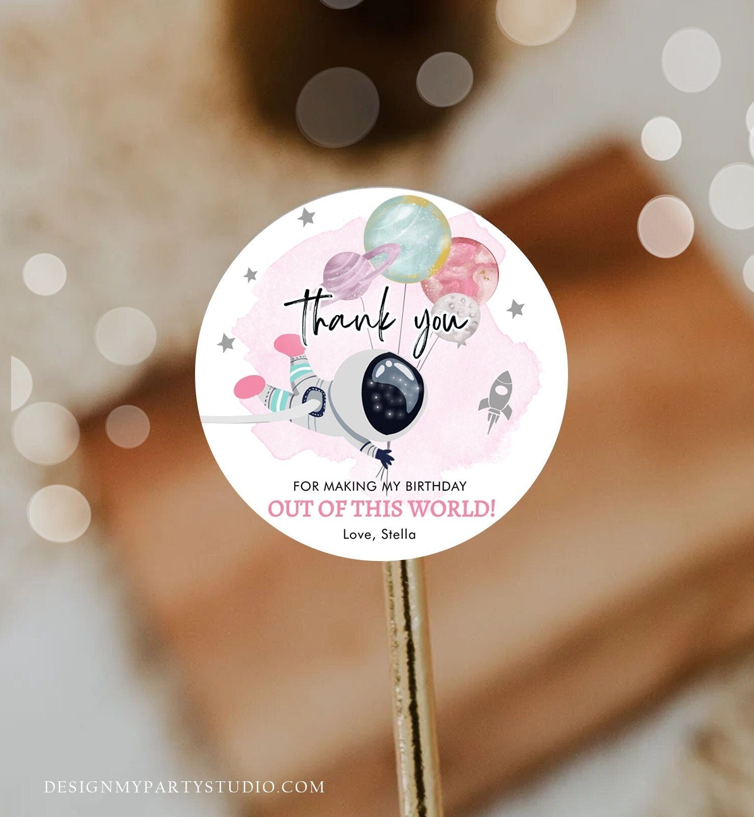 Editable Outer Space Favor Tag Astronaut Birthday Thank You Sticker Girl Pink Trip Out Of World Planets Digital Template Printable 0366