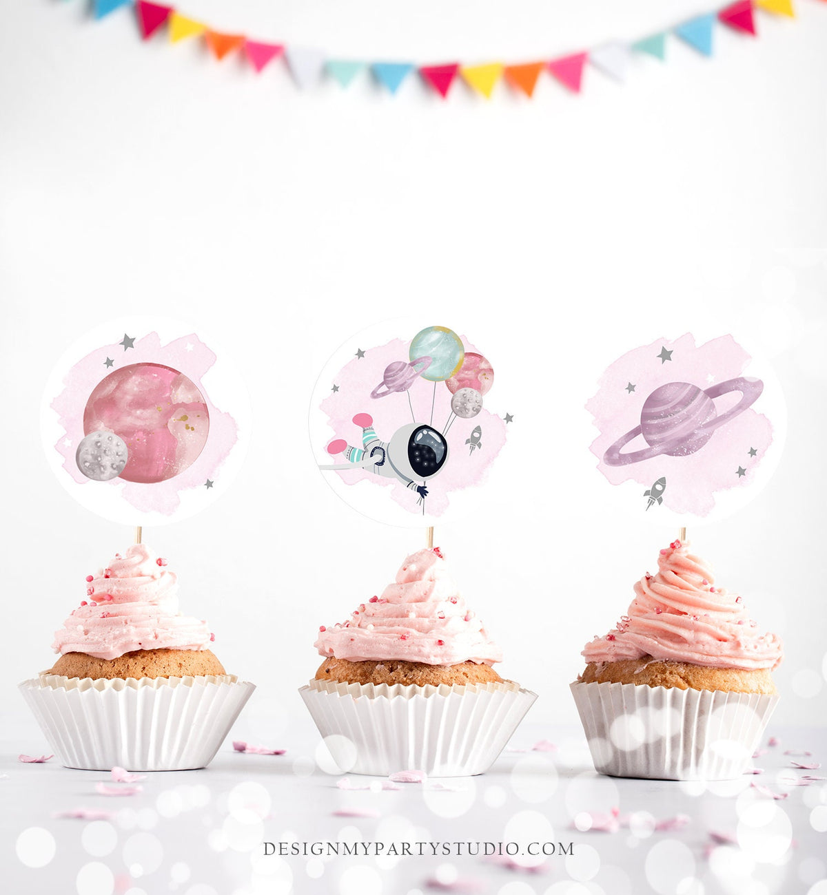 Outer Space Birthday Cupcake Toppers First Trip Around the Sun Favor Tags Space Birthday Planets Galaxy Girl Pink Digital PRINTABLE 0366