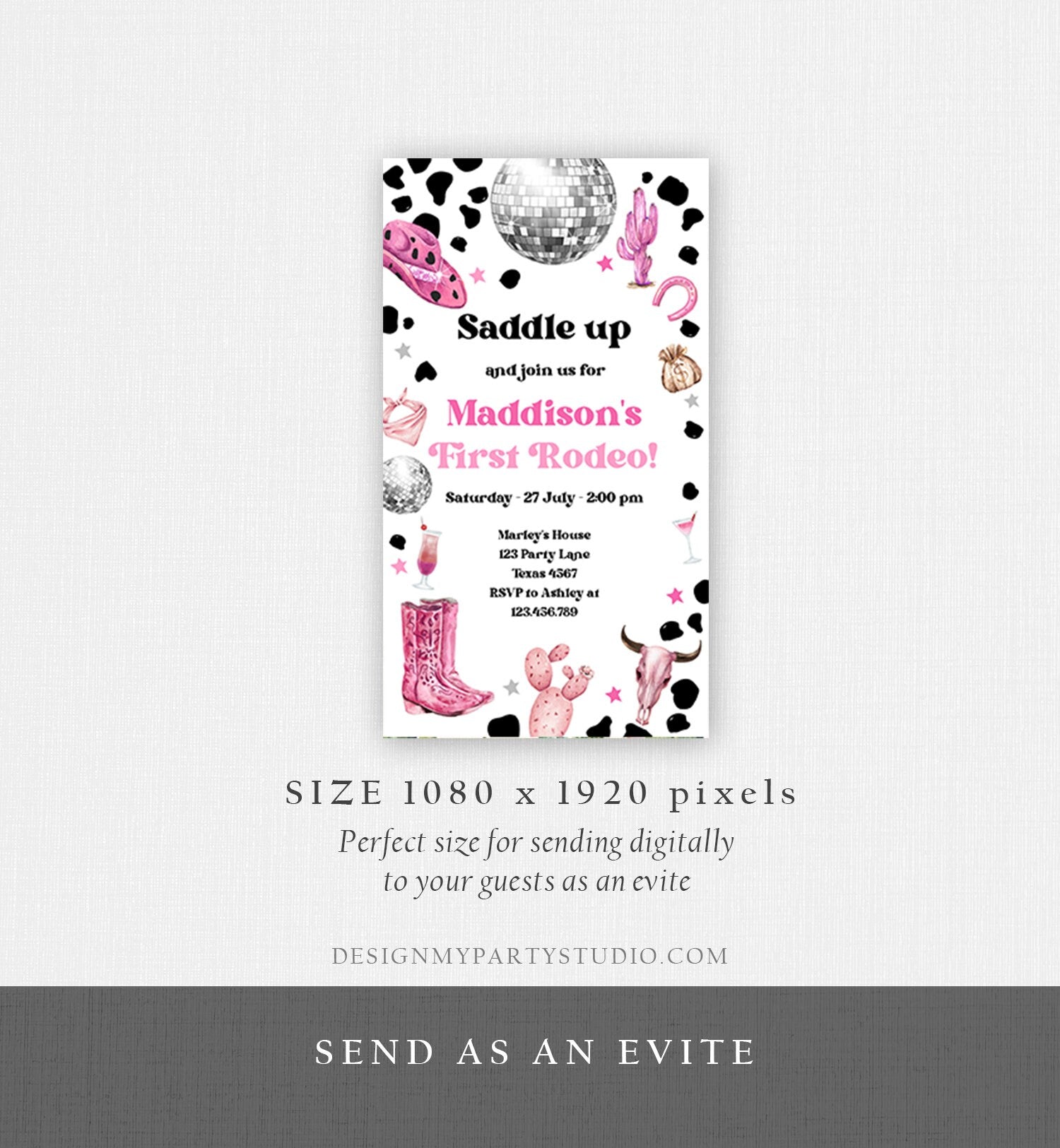 Editable Cowgirl Birthday Party Invitation Disco Cowgirl Invite Pink Girl First Rodeo Wild West 1st Download Phone Evite Template Corjl 0455
