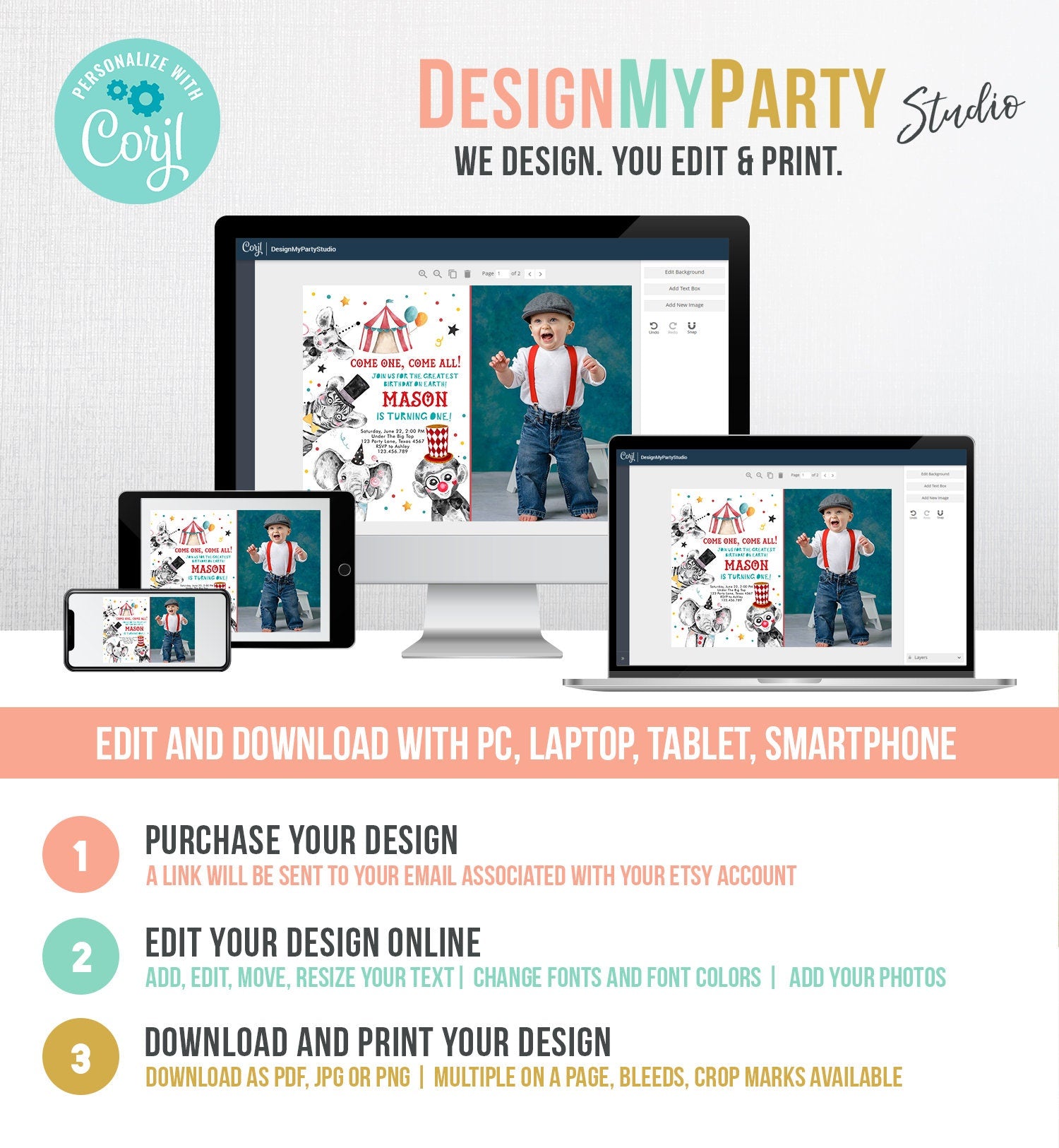 Editable Circus Birthday Invitation Party Animals Circus Carnival Festival Come All Come One Boy Digital Download Template Printable 0355