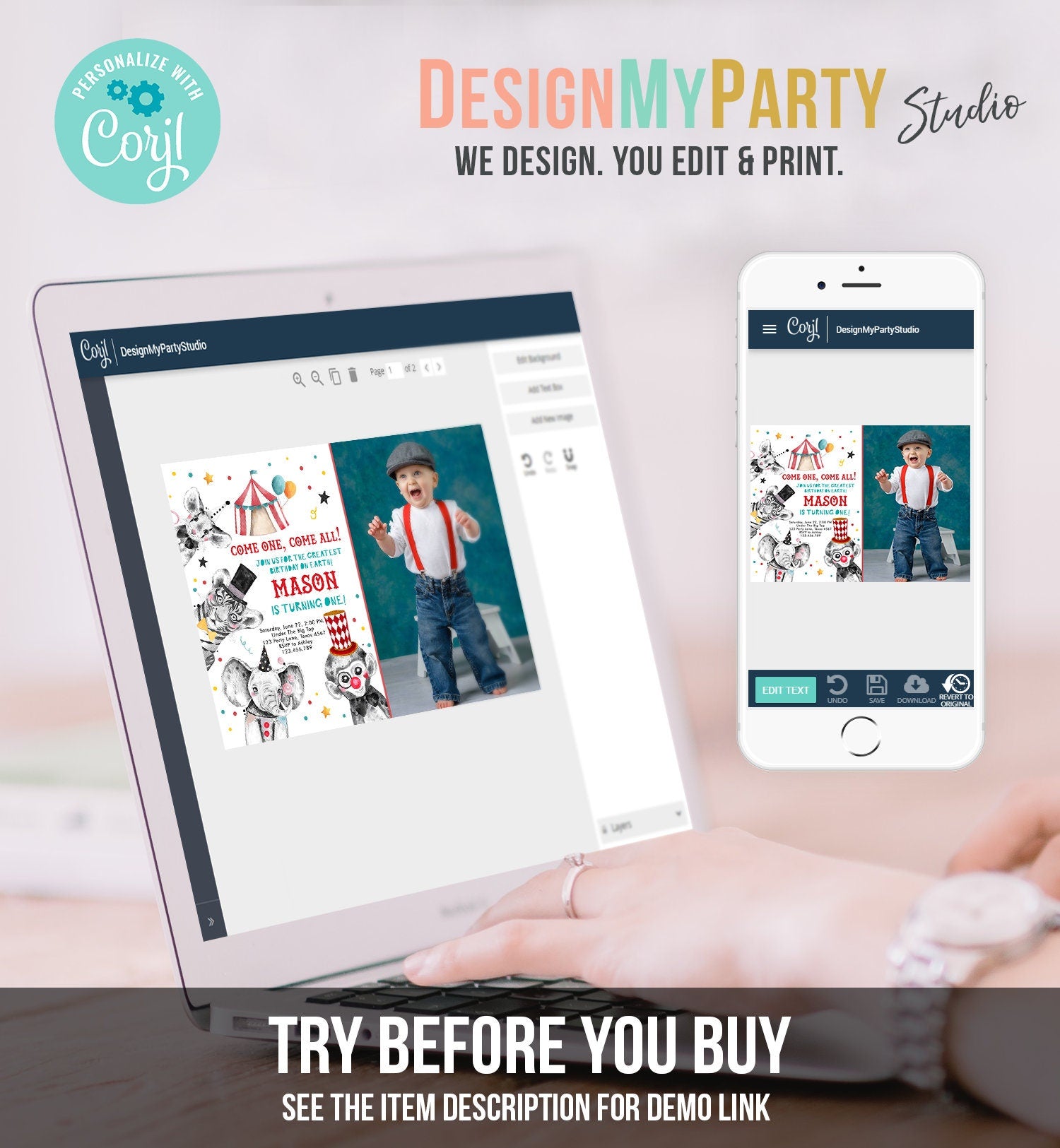 Editable Circus Birthday Invitation Party Animals Circus Carnival Festival Come All Come One Boy Digital Download Template Printable 0355