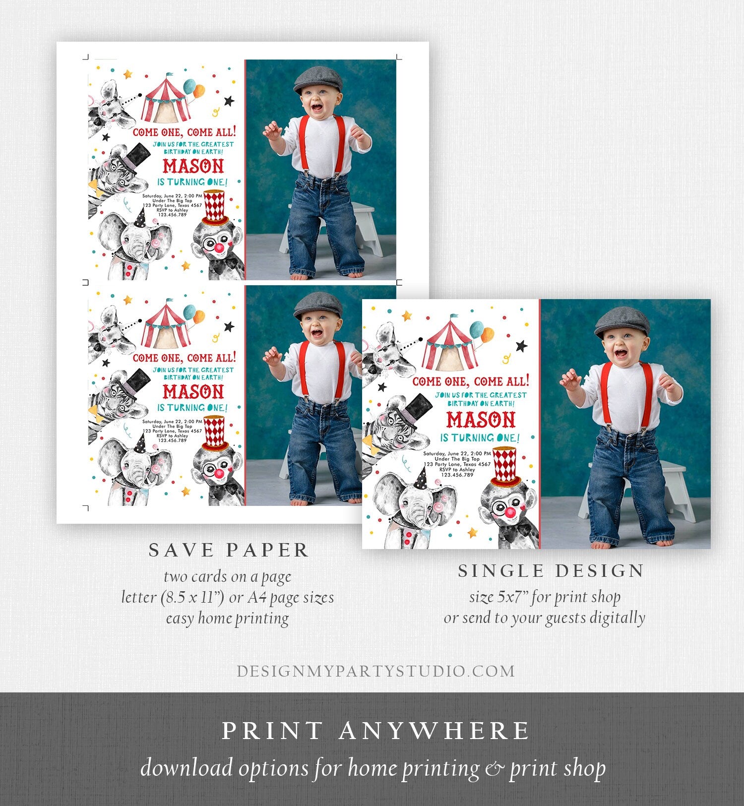 Editable Circus Birthday Invitation Party Animals Circus Carnival Festival Come All Come One Boy Digital Download Template Printable 0355