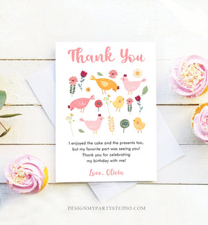 Editable Little Chick Birthday Thank You Card Pink Gingham Farm Birthday Girl Barnyard Chicken Party Easter Template Download Corjl 0446