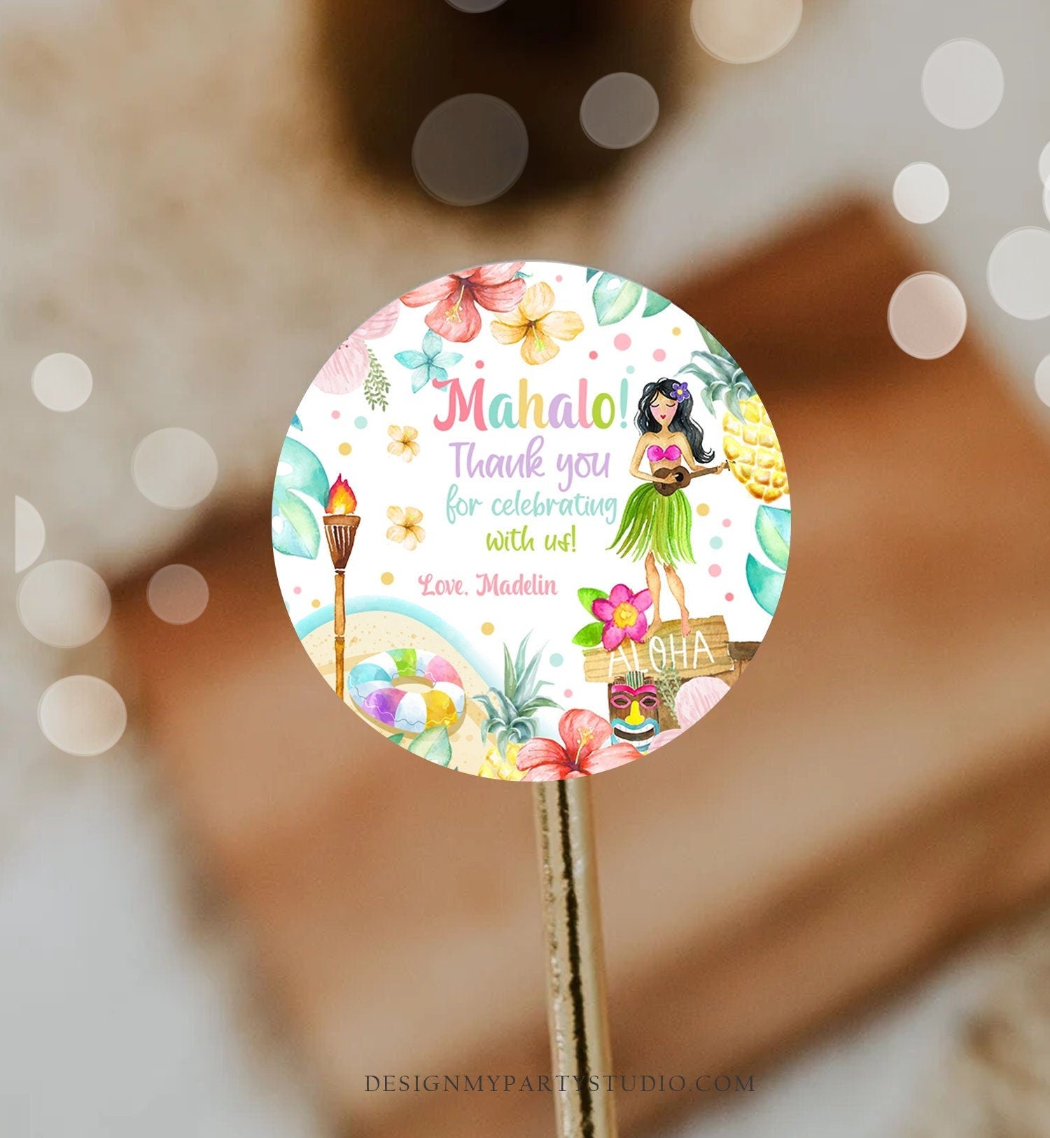 Editable Aloha Tropical Hawaiian Favor Tag Luau Birthday Party Thank You Tags Mahalo Favor Tag Pastel Girl Corjl Template Printable 0413
