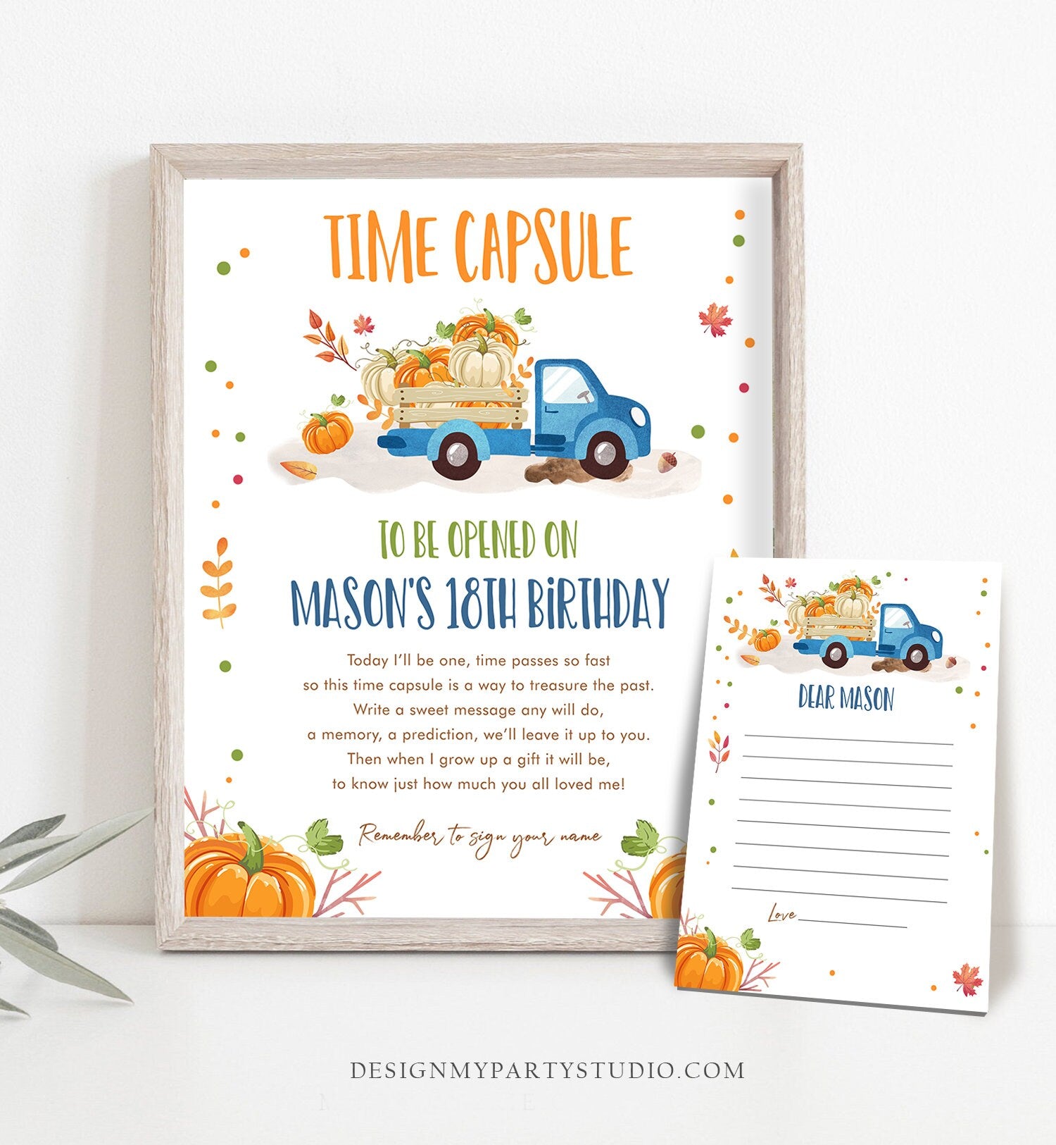 Editable Pumpkin Truck Birthday Time Capsule First 1st Pumpkin Fall Autumn Blue Truck Barnyard Boy Leaves Corjl Template Printable 0153