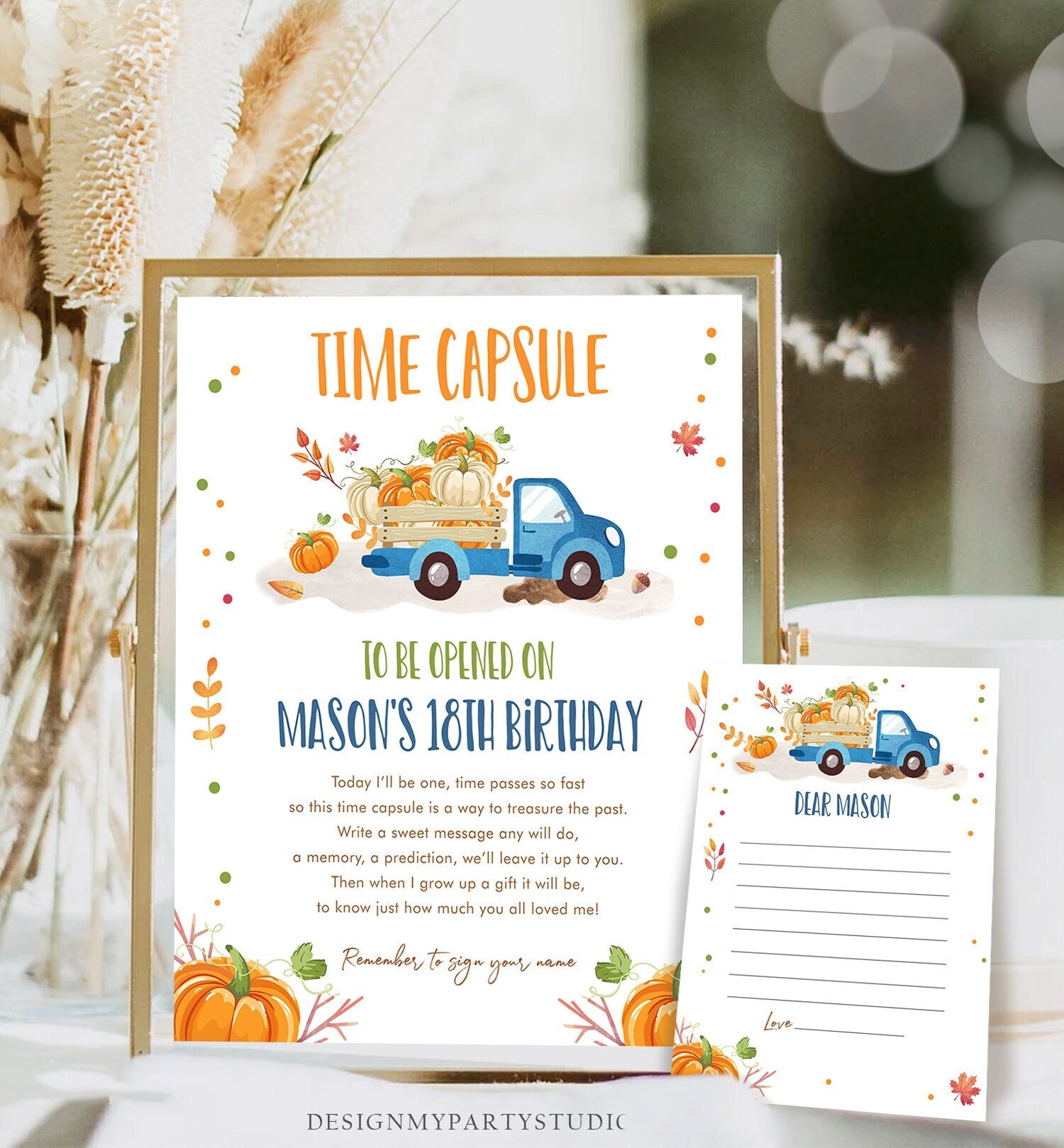 Editable Pumpkin Truck Birthday Time Capsule First 1st Pumpkin Fall Autumn Blue Truck Barnyard Boy Leaves Corjl Template Printable 0153