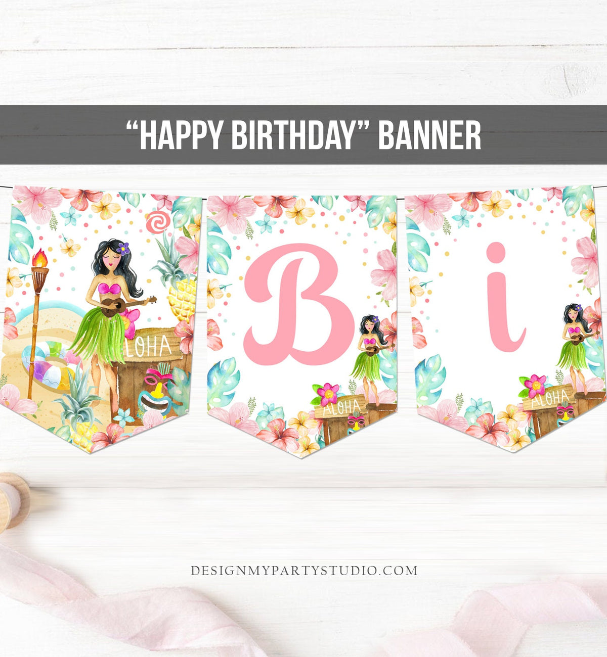 Aloha Happy Birthday Banner Tropical Luau Birthday Luau Party Decor Hawaiian Leaves Pineapple Girl Pink Digital Download Printable 0413