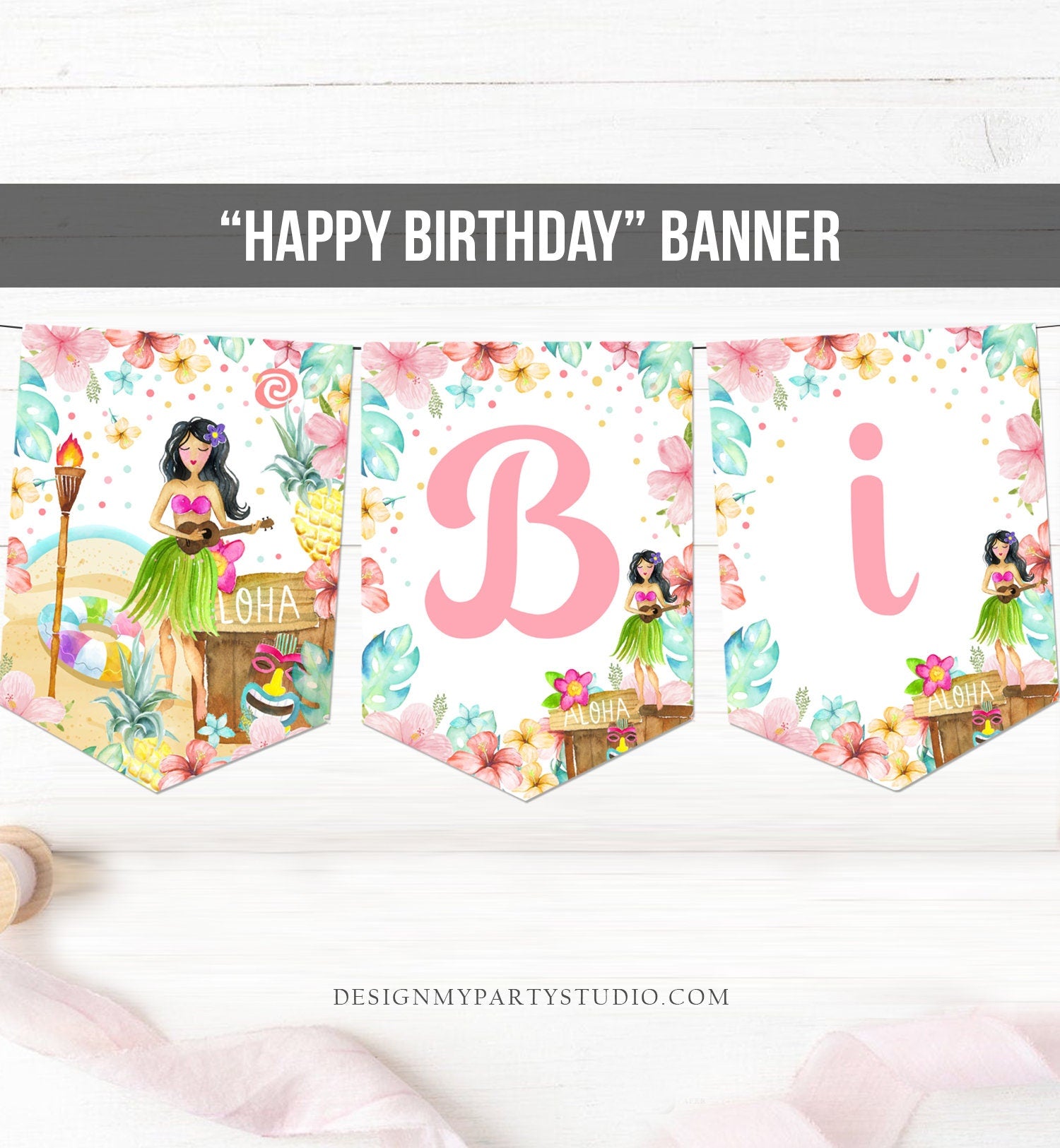 Aloha Happy Birthday Banner Tropical Luau Birthday Luau Party Decor Hawaiian Leaves Pineapple Girl Pink Digital Download Printable 0413