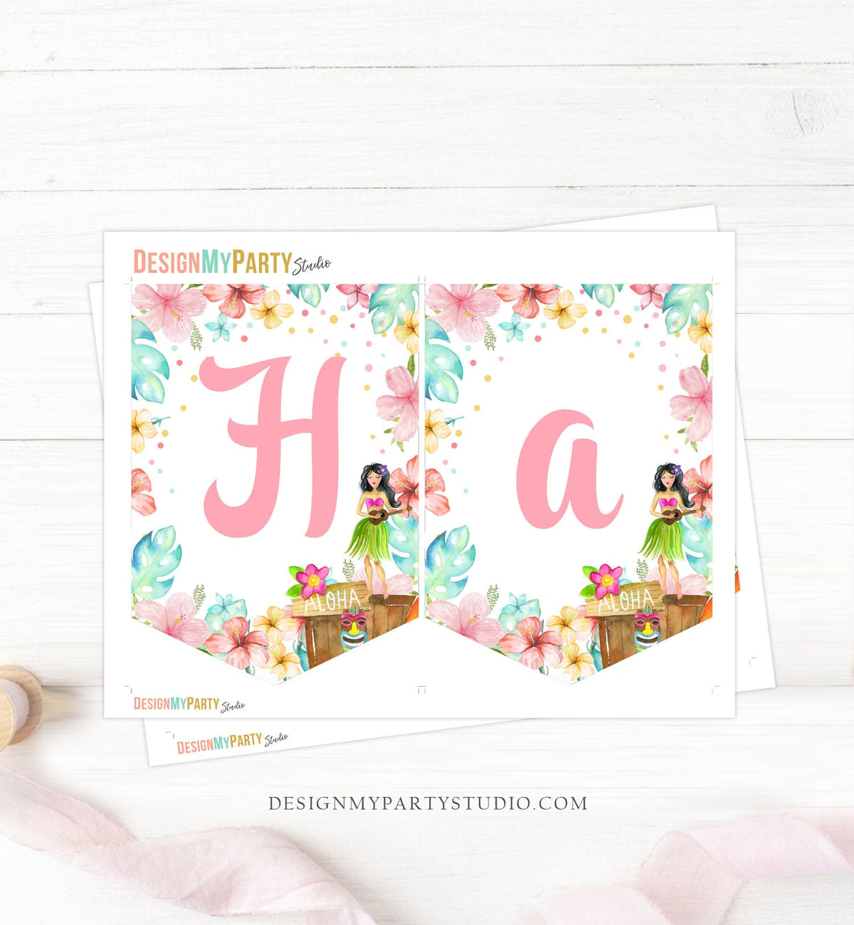 Aloha Happy Birthday Banner Tropical Luau Birthday Luau Party Decor Hawaiian Leaves Pineapple Girl Pink Digital Download Printable 0413