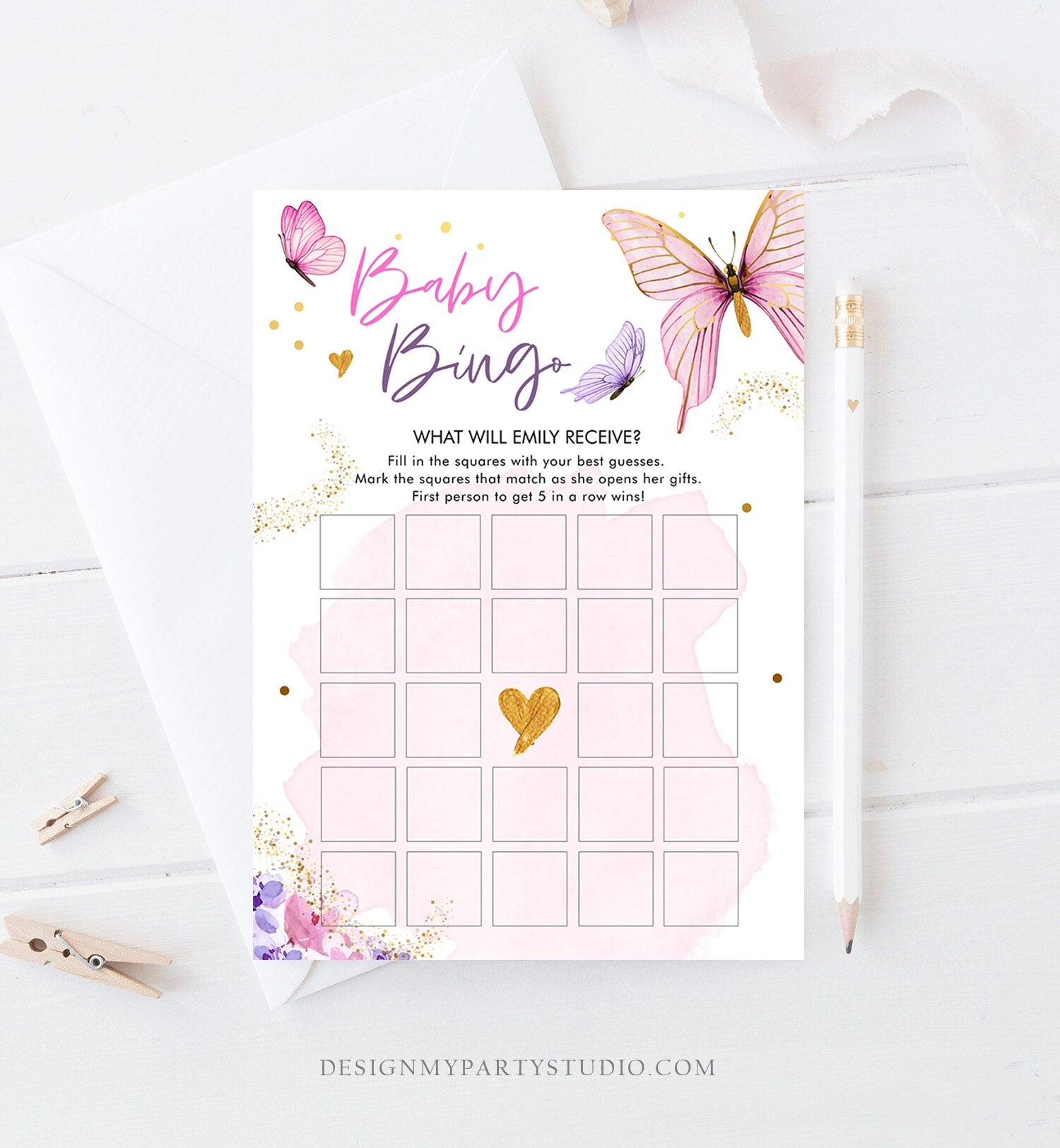 Editable Baby Bingo Baby Shower Game Butterfly Baby Shower Floral Butterflies Lilac Pink Purple Activity Corjl Template Printable 0437