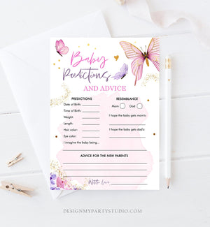 Editable Baby Predictions Advice Baby Shower Game Butterfly Baby Shower Floral Butterflies Lilac Pink Activity Corjl Template Printable 0437